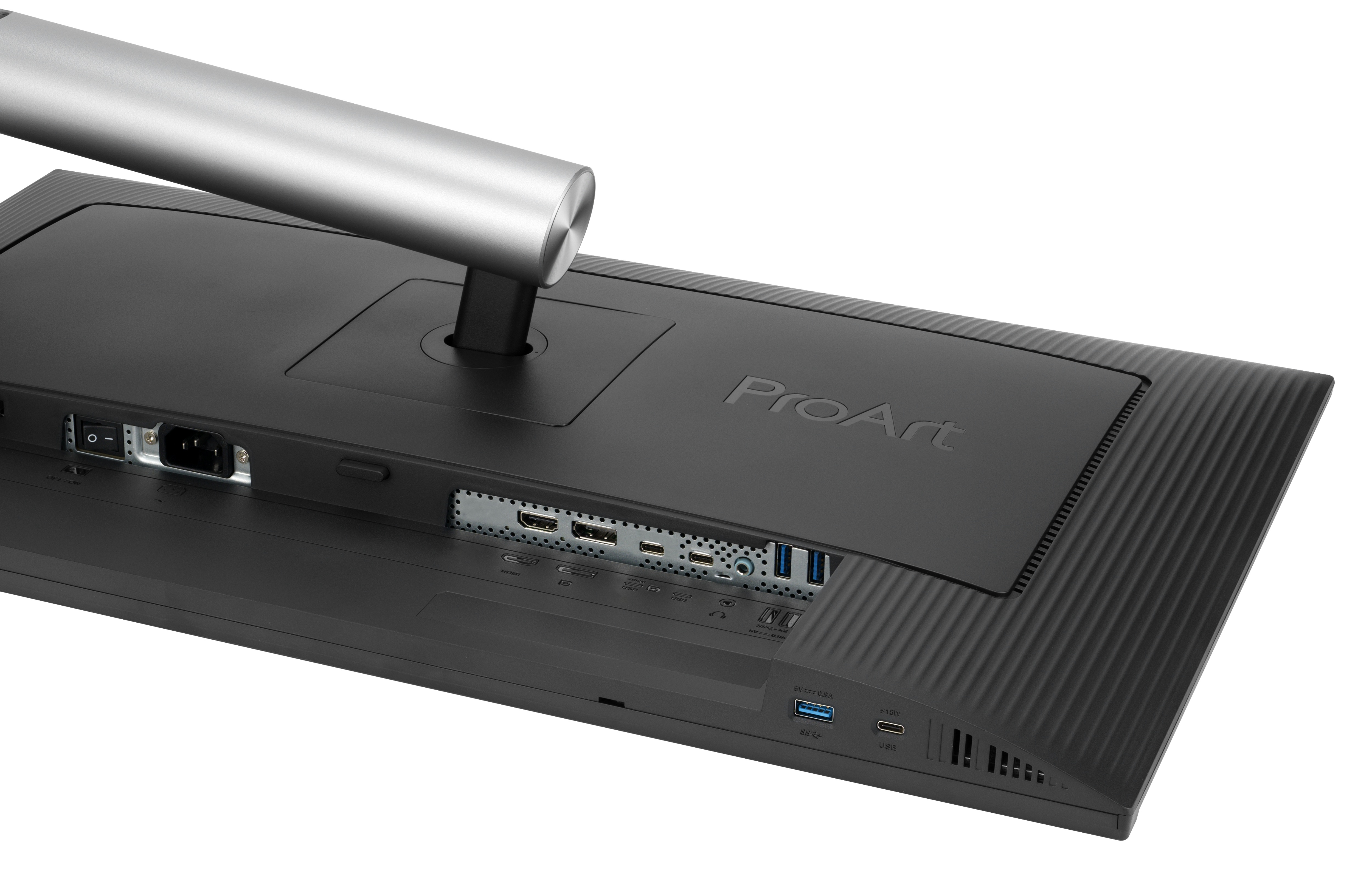 Tył czarnego monitora ze srebrną podstawą. Porty: HDMI, USB i zasilanie. Marka to ProArt.