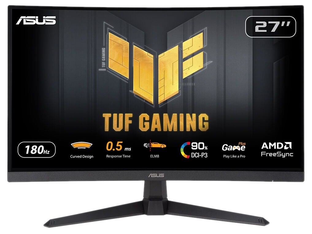 Monitor ASUS TUF Gaming 27". Cechy: 180 Hz, czas reakcji 0,5 ms, zakrzywiona konstrukcja i AMD FreeSync. Czarny i złoty.