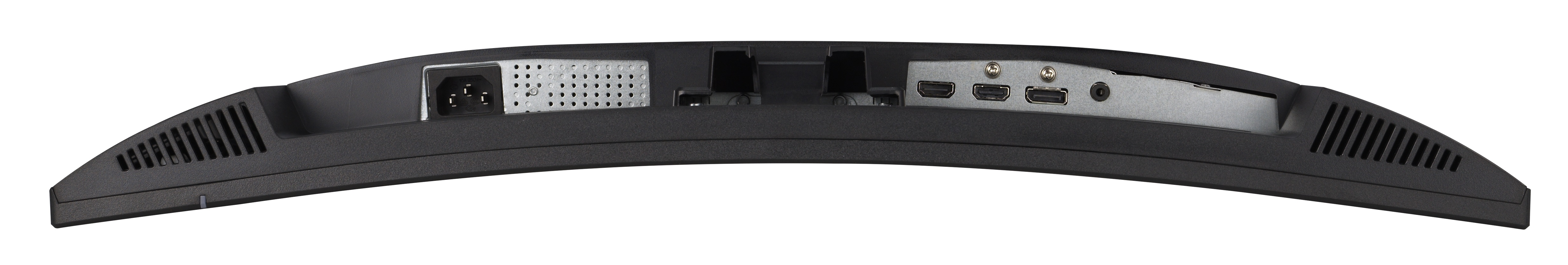 Tył czarnego zakrzywionego monitora z różnymi portami: zasilanie, HDMI i audio. Posiada otwory wentylacyjne i wejście zasilania.
