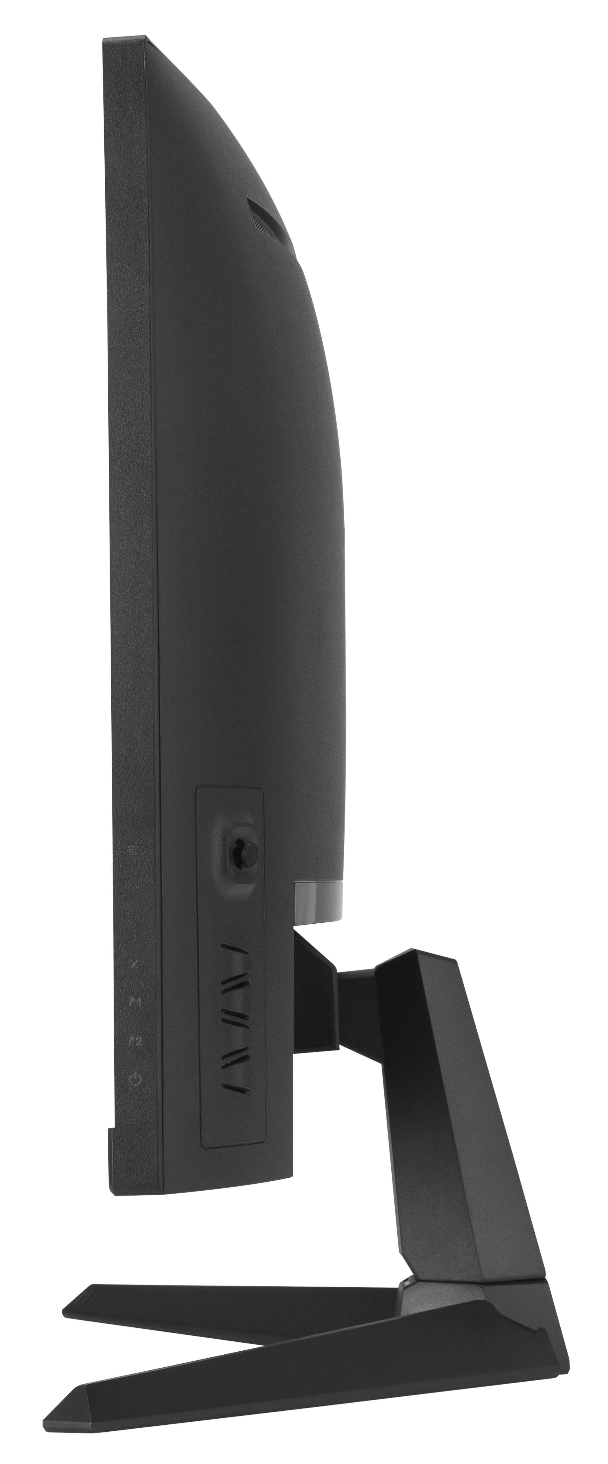 Widok z boku czarnego monitora komputera. Ekran jest ciemny, stojak jest pochylony, a podstawa płaska.