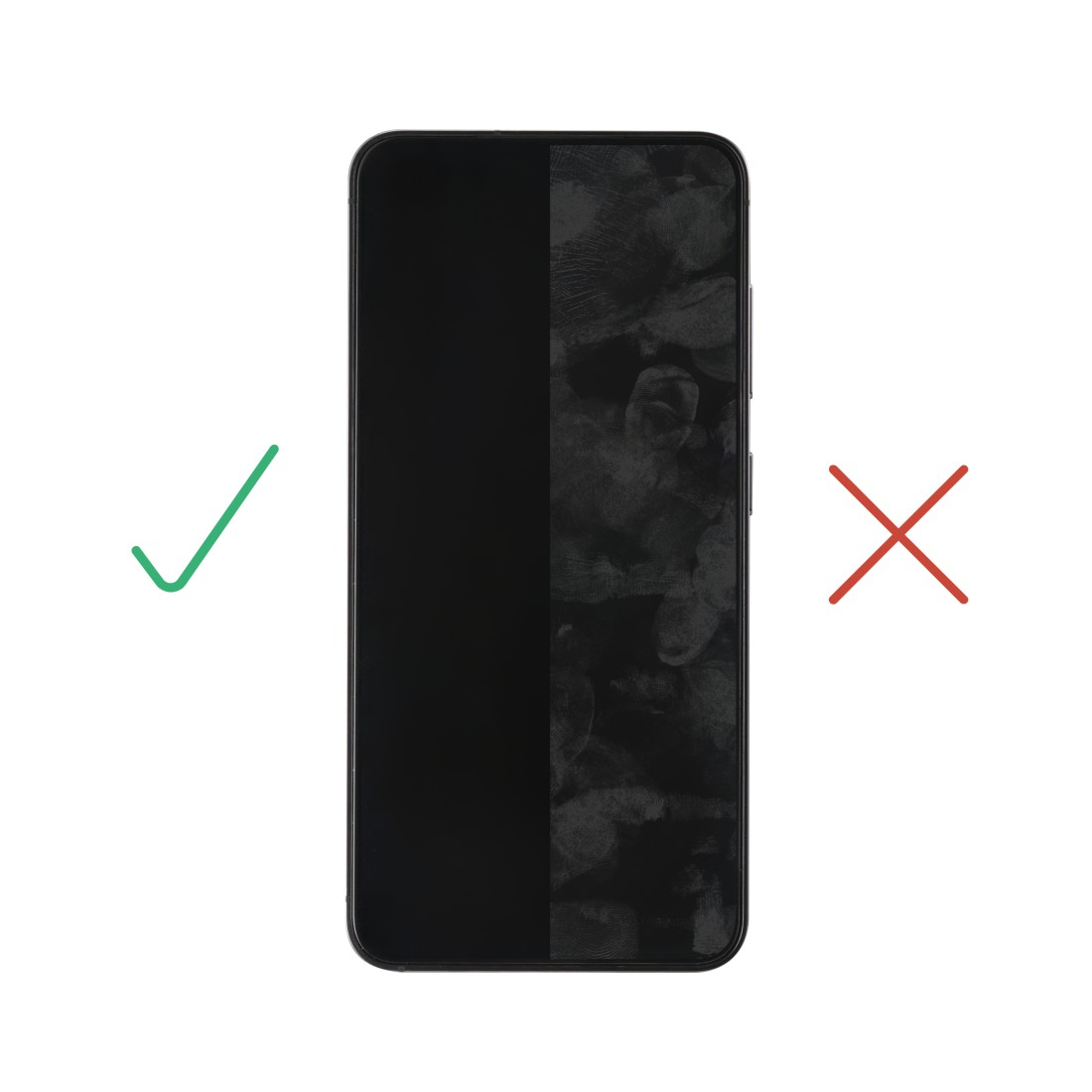 Ein Smartphone-Bildschirm wird gezeigt, halb sauber, halb mit Fingerabdrücken bedeckt. Ein grünes Häkchen und ein rotes X sind vorhanden.