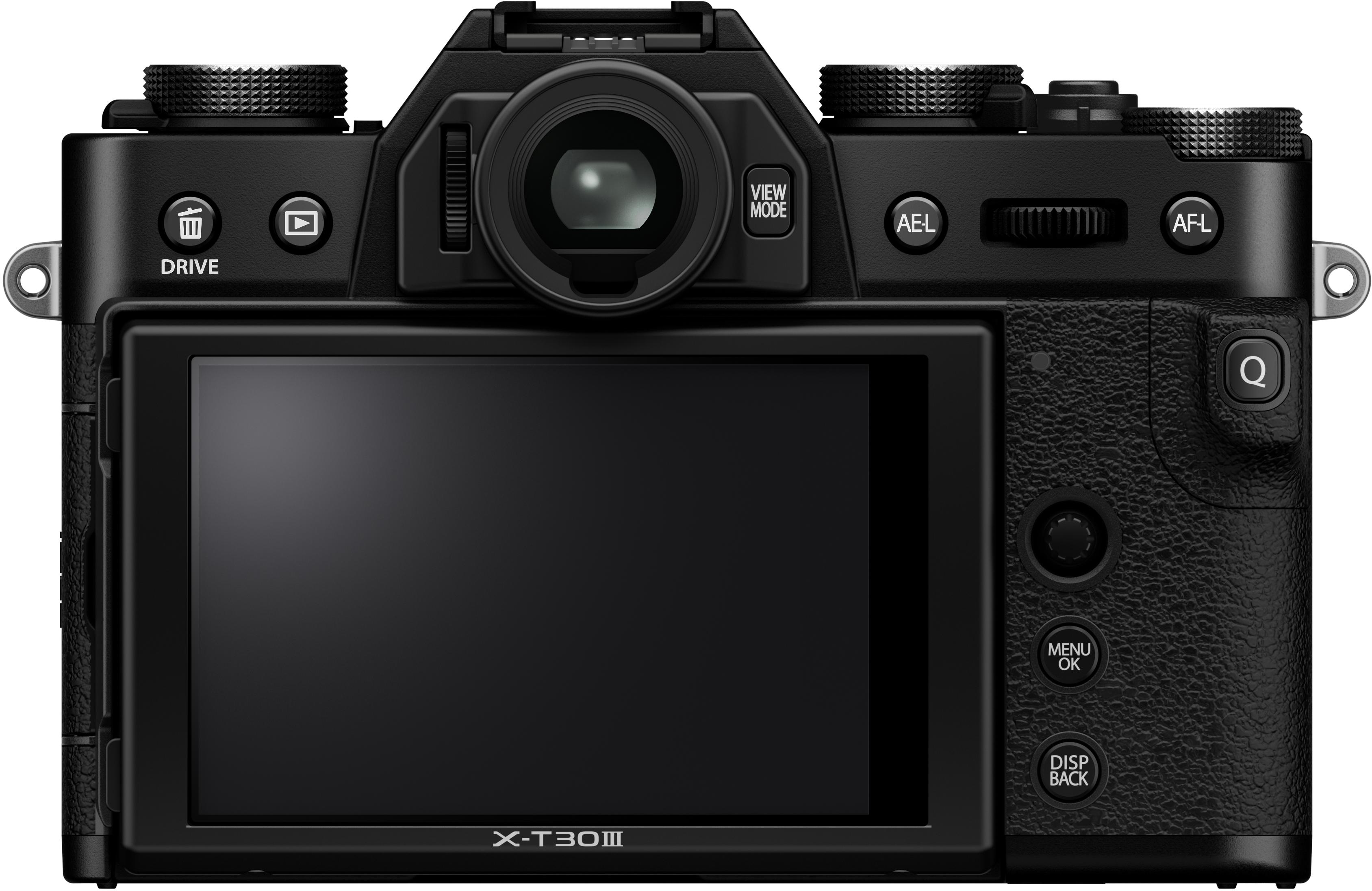 Retrocamera nera con pulsanti, ghiere e schermo. Include etichette: Drive, View Mode, AE-L, AFL, Menu e Display.