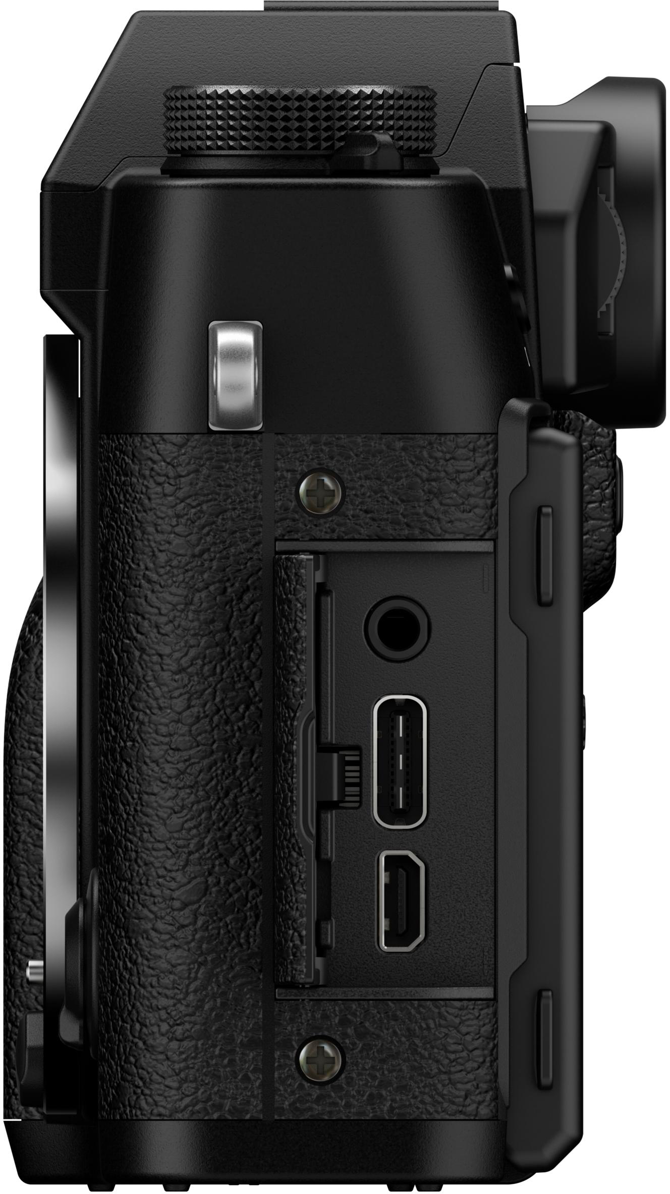 Vista laterale di una fotocamera nera, che mostra porte, pulsanti e impugnatura strutturata. Include jack audio, USB e HDMI.