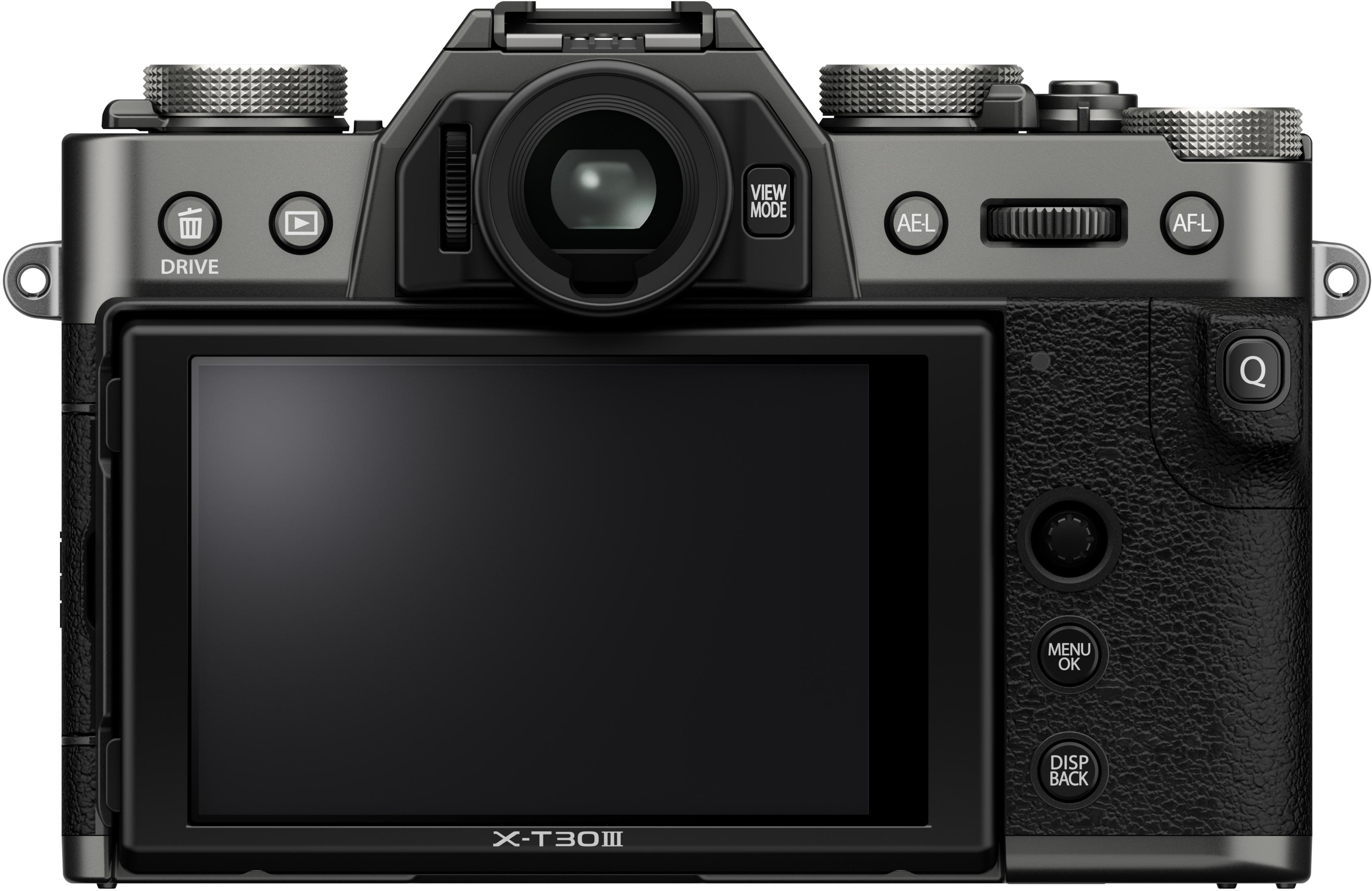 Eine schwarze Kamera mit Bildschirm, Knöpfen, Rädern und Objektiv. Modellname X-T30 III.