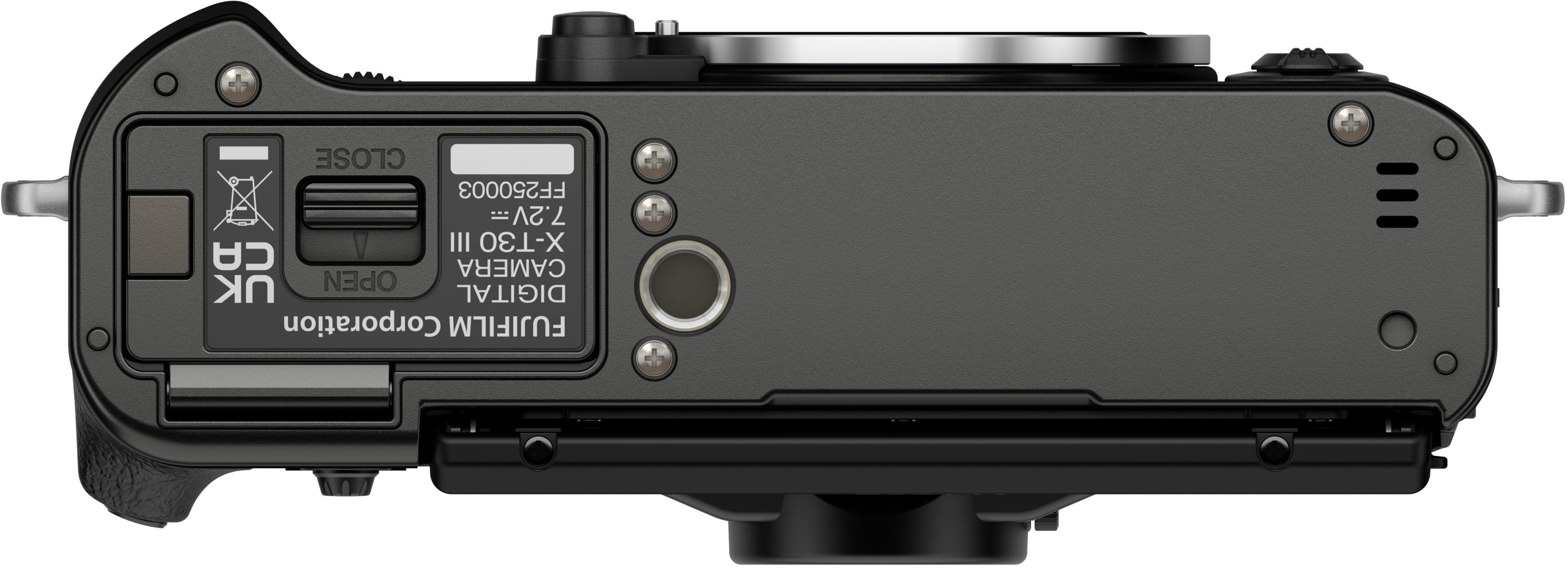 Draufsicht auf eine schwarze Kamera mit Bedienelementen, Objektivanschluss und Fujifilm-Logo.
