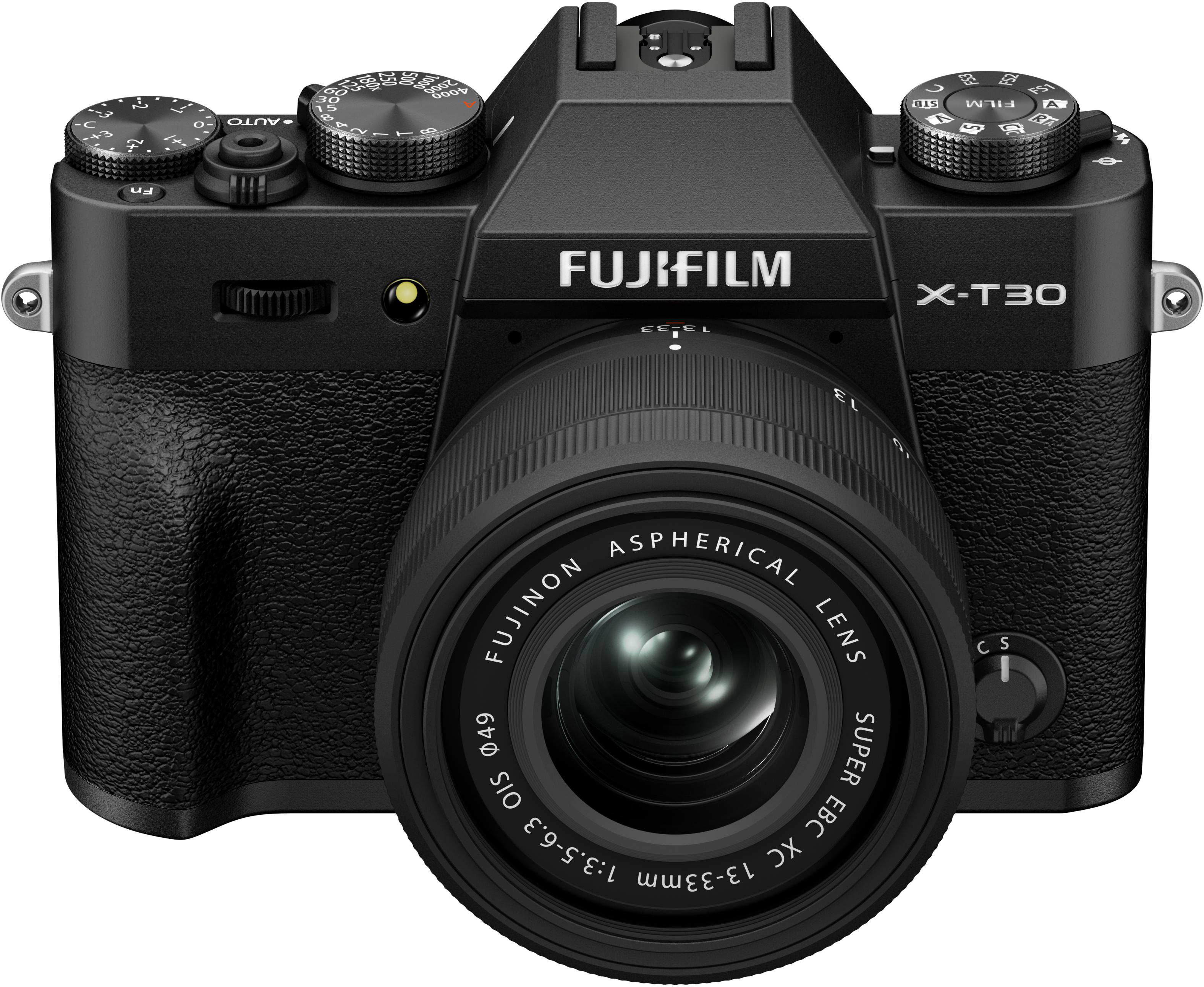 Schwarze Fujifilm X-T30 Kamera mit Objektiv. Knöpfe und Räder sind sichtbar. Fujifilm-Logo ist weiß.