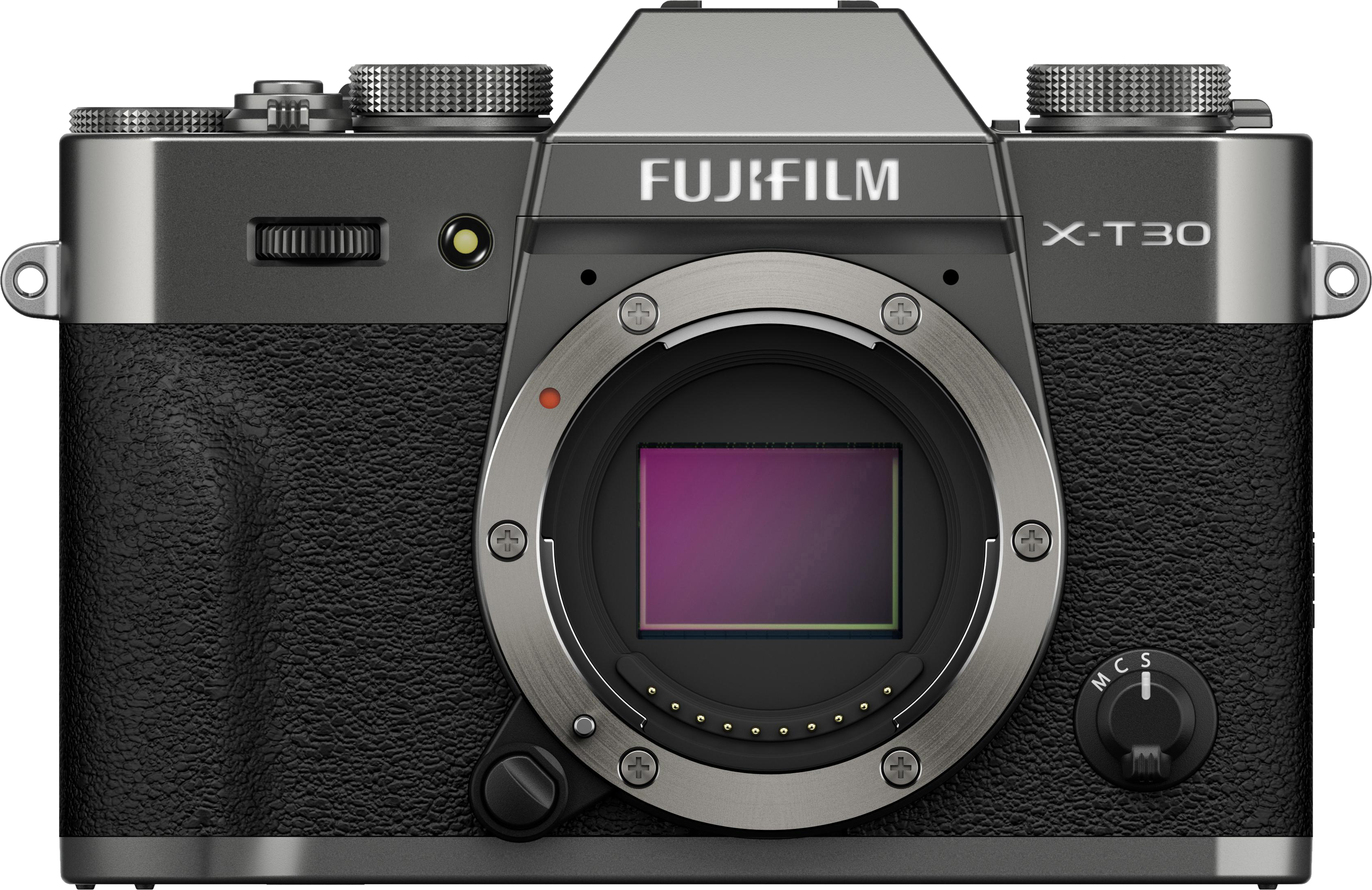 Eine Fujifilm X-T30 Kamera, silber und schwarz, mit Objektivanschluss und strukturierter Oberfläche.