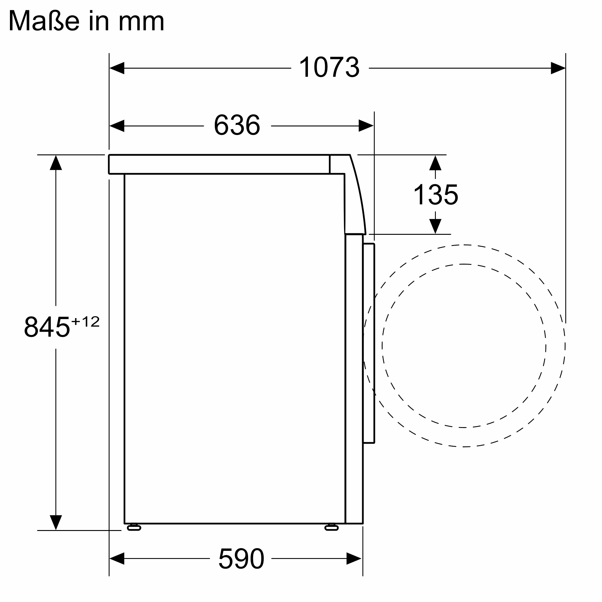 Seitenansicht Diagramm eines Geräts mit Abmessungen in mm, einschließlich Höhen-, Breiten- und Tiefenmessungen.