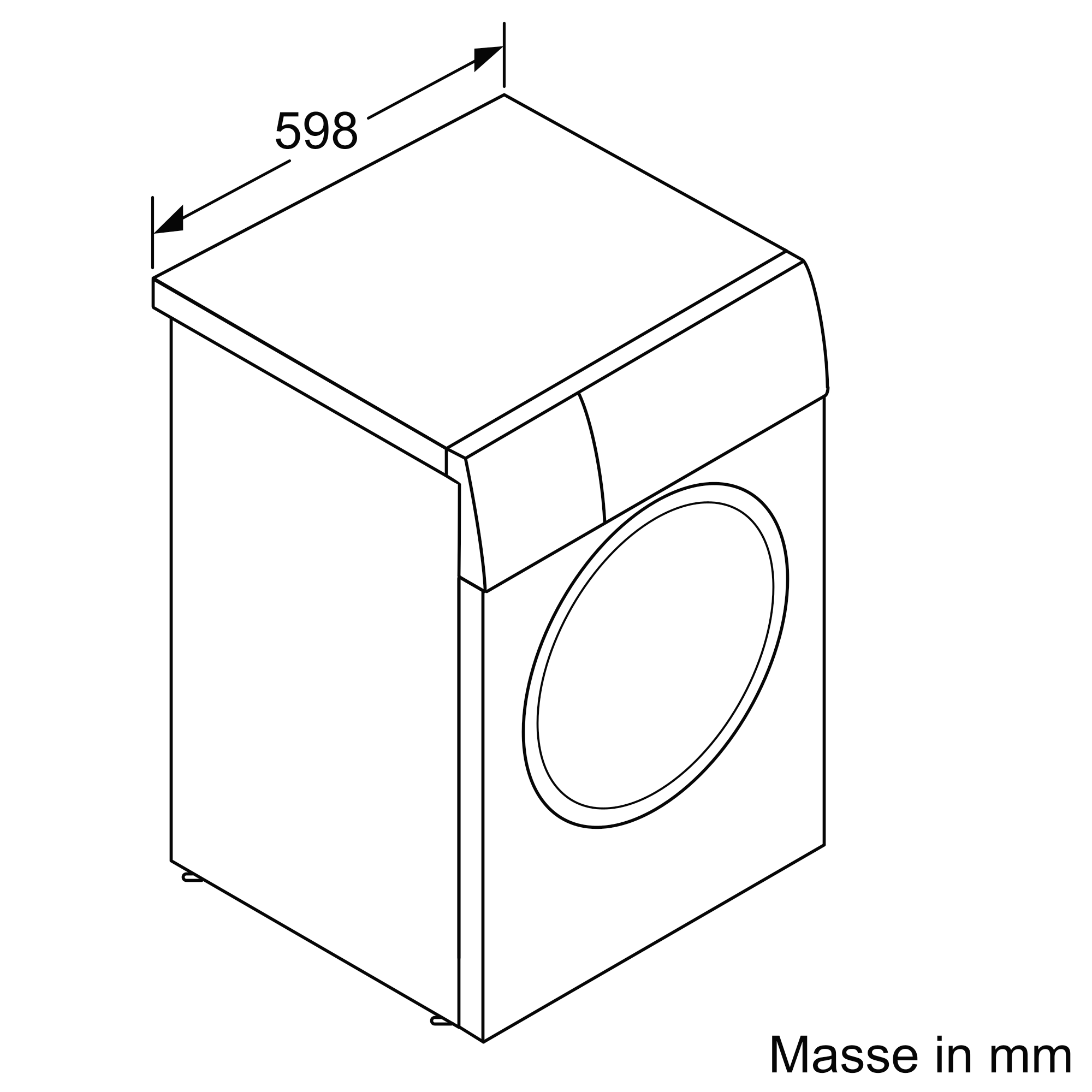 Isometrische Ansicht einer Waschmaschine. Die Oberseite hat ein Maß von 598 mm. Text unten: 'Masse in mm'.