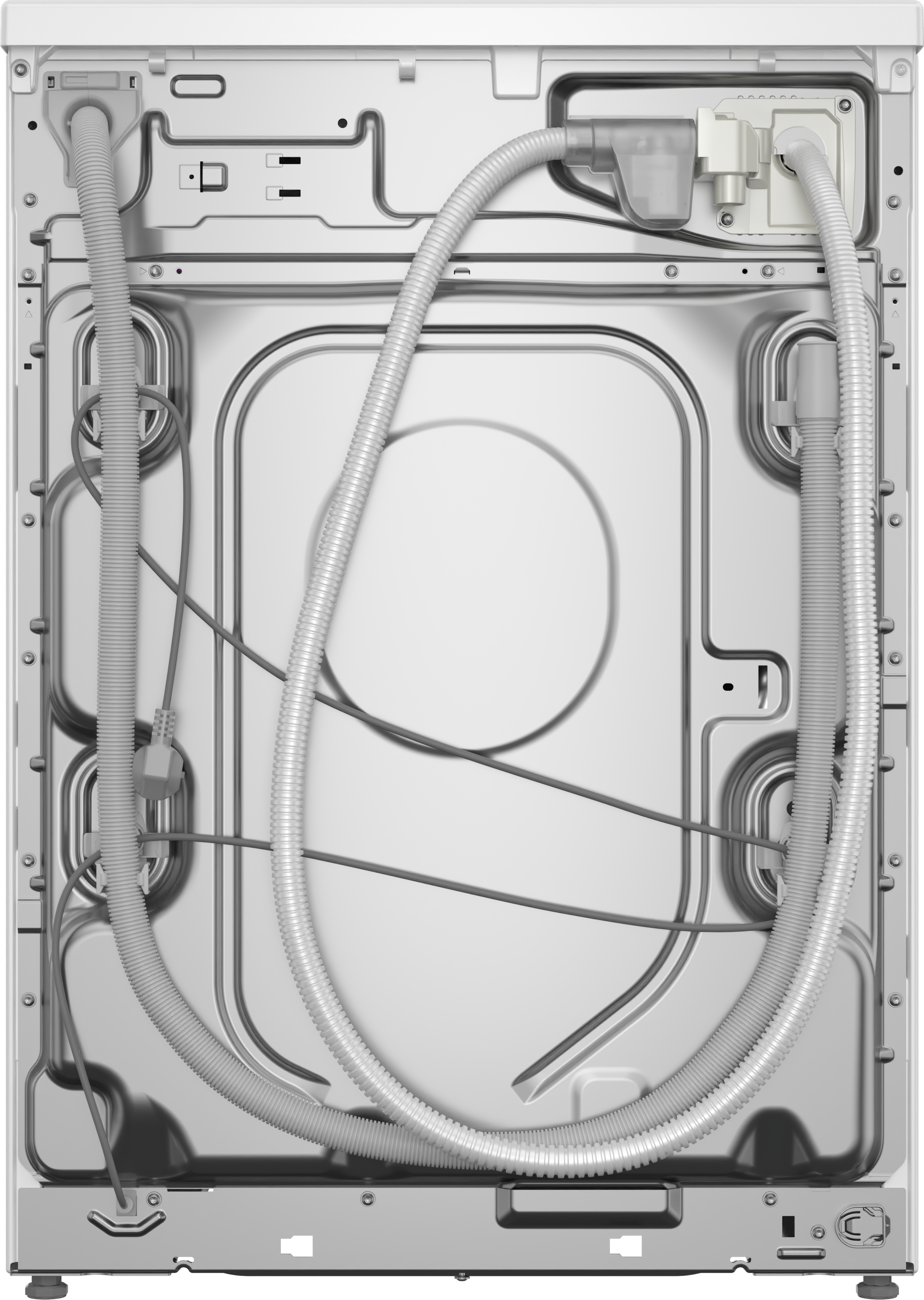 Rückseite einer Waschmaschine. Schläuche, Drähte und eine zentrale Metallplatte sind sichtbar.