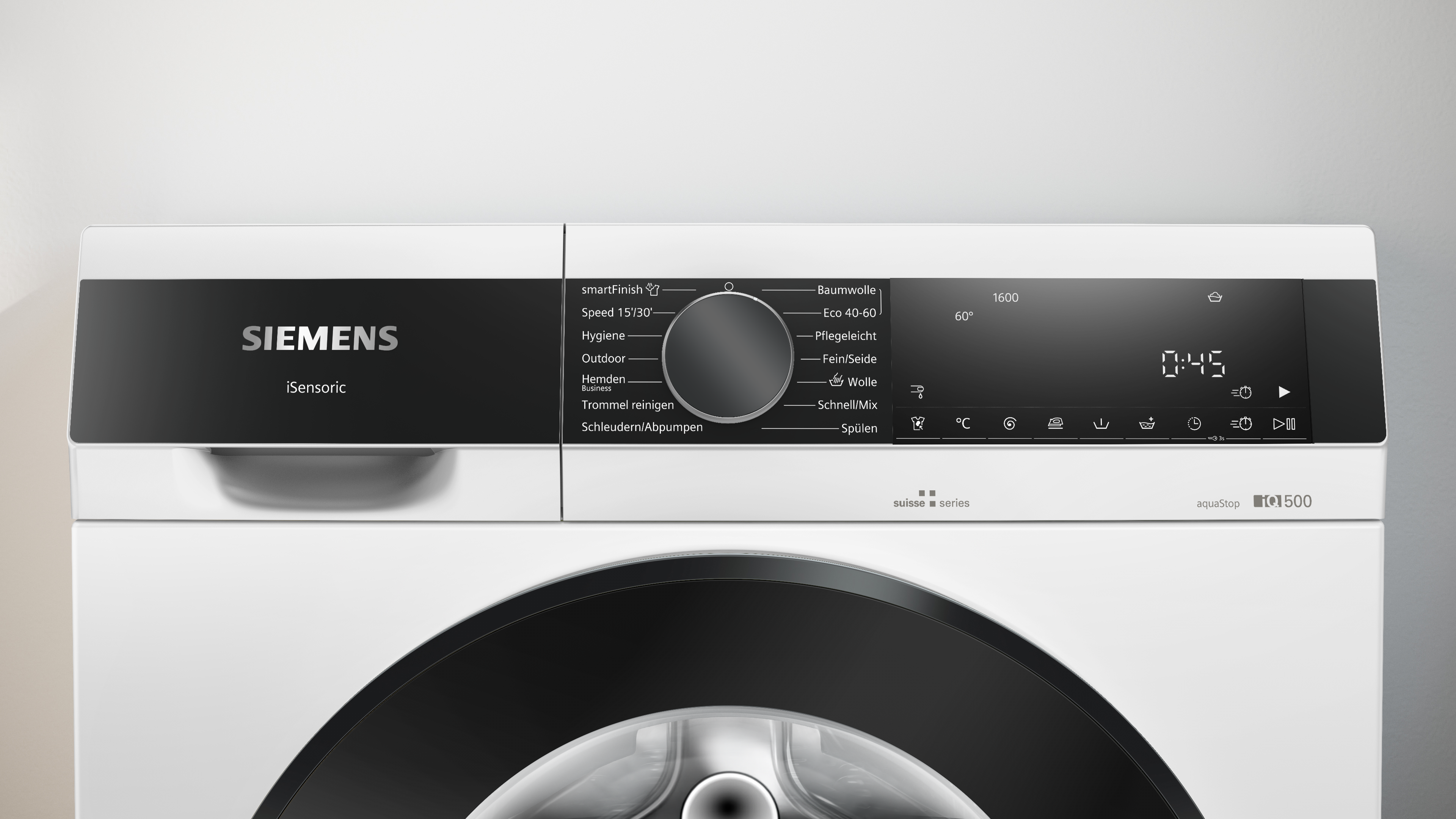 Eine weiße Siemens-Waschmaschine mit schwarzem Bedienfeld. Es zeigt verschiedene Waschoptionen und einen Timer an.
