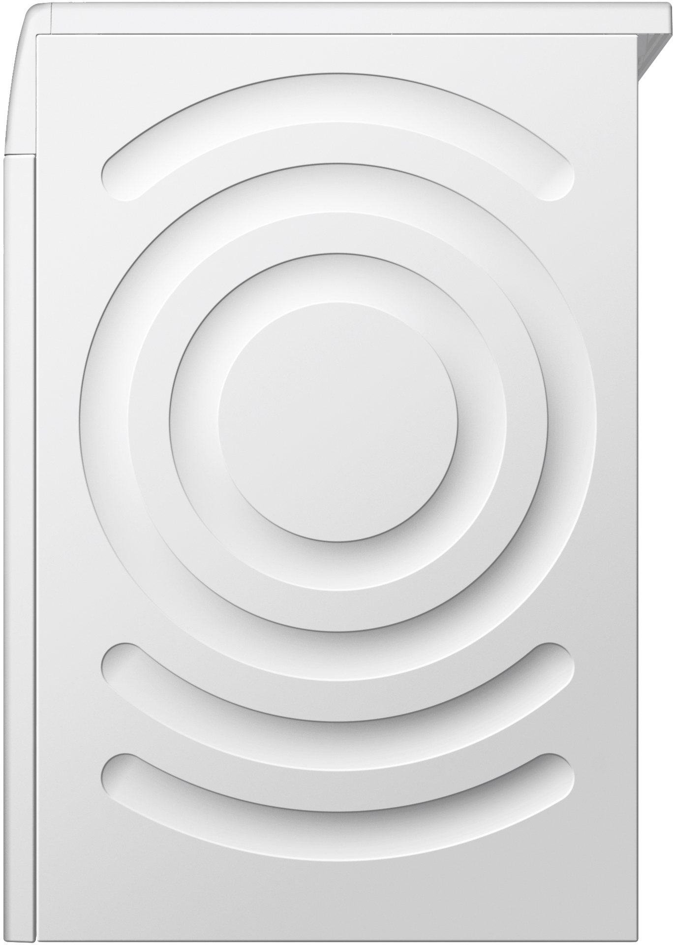 Eine weiße Gerätetür mit konzentrischen kreisförmigen und gebogenen Vertiefungen, die ein strukturiertes, modernes Design vor weißem Hintergrund bilden.