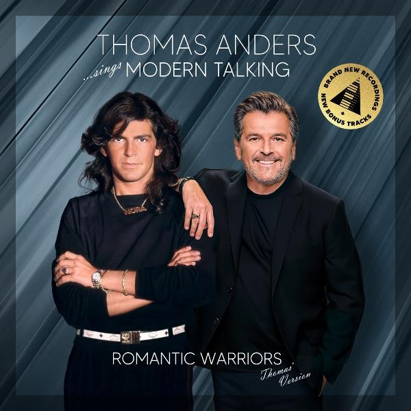 Album borító két férfival. Az egyik hosszú hajjal, a másik mosolyog. Szöveg: Thomas Anders énekli a Modern Talkingot, Romantic Warriors.