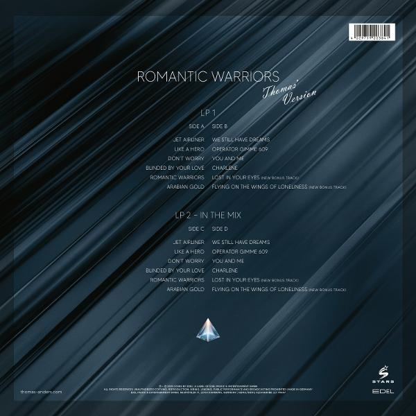 A Romantic Warriors LP borítója. Felsorolja a dalokat és a közreműködőket. Gyémánt alakot mutat.