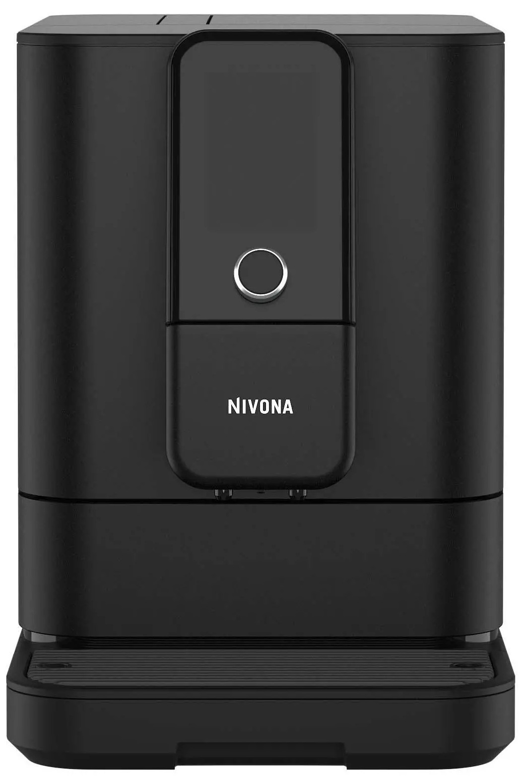 Czarny ekspres do kawy Nivona. Ma centralny panel z okrągłym przyciskiem. Widoczna jest nazwa marki.