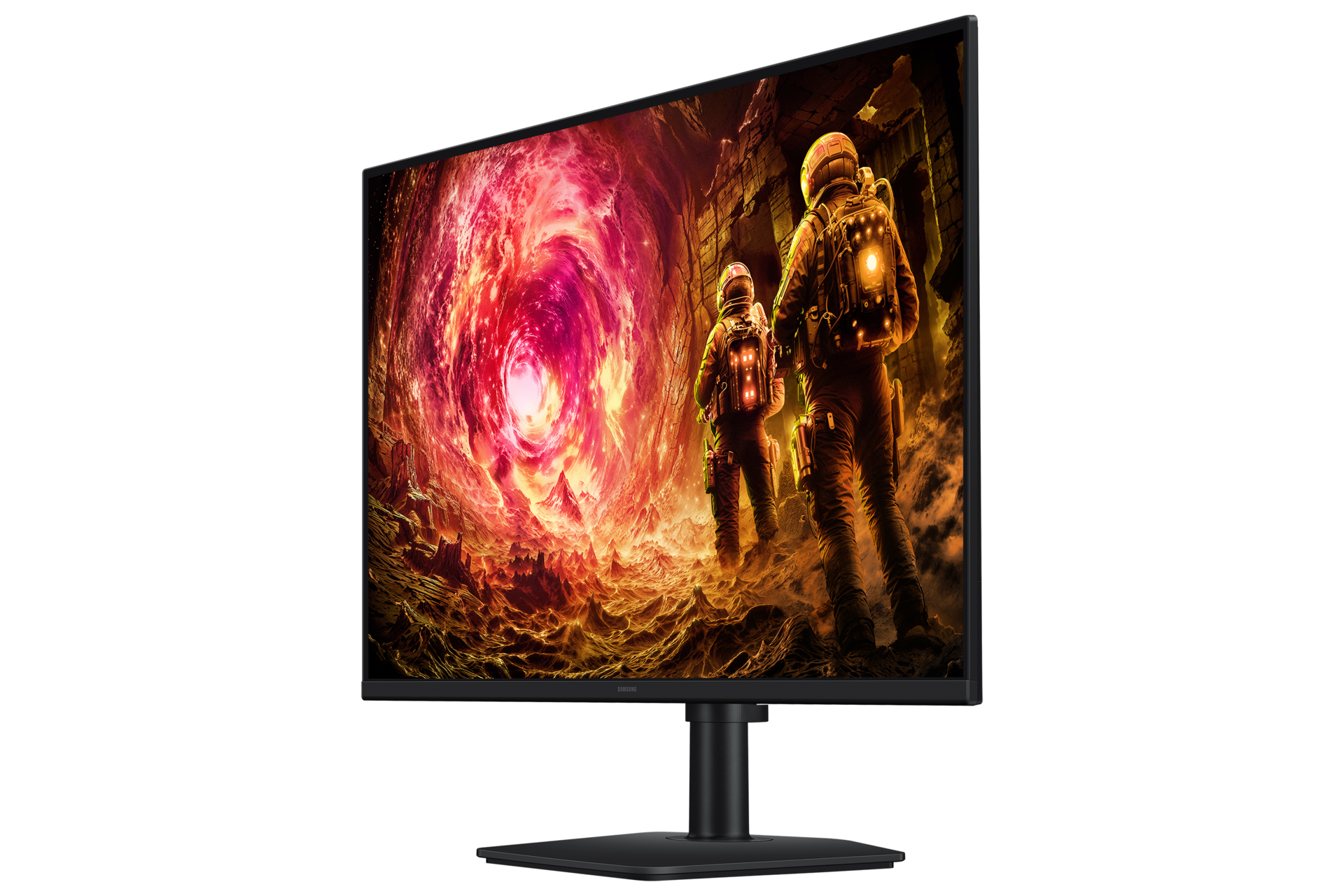 Der Monitor zeigt zwei Astronauten vor einem wirbelnden Wirbel. Die Szene ist orange und rot. Der Monitor hat einen schwarzen Ständer.