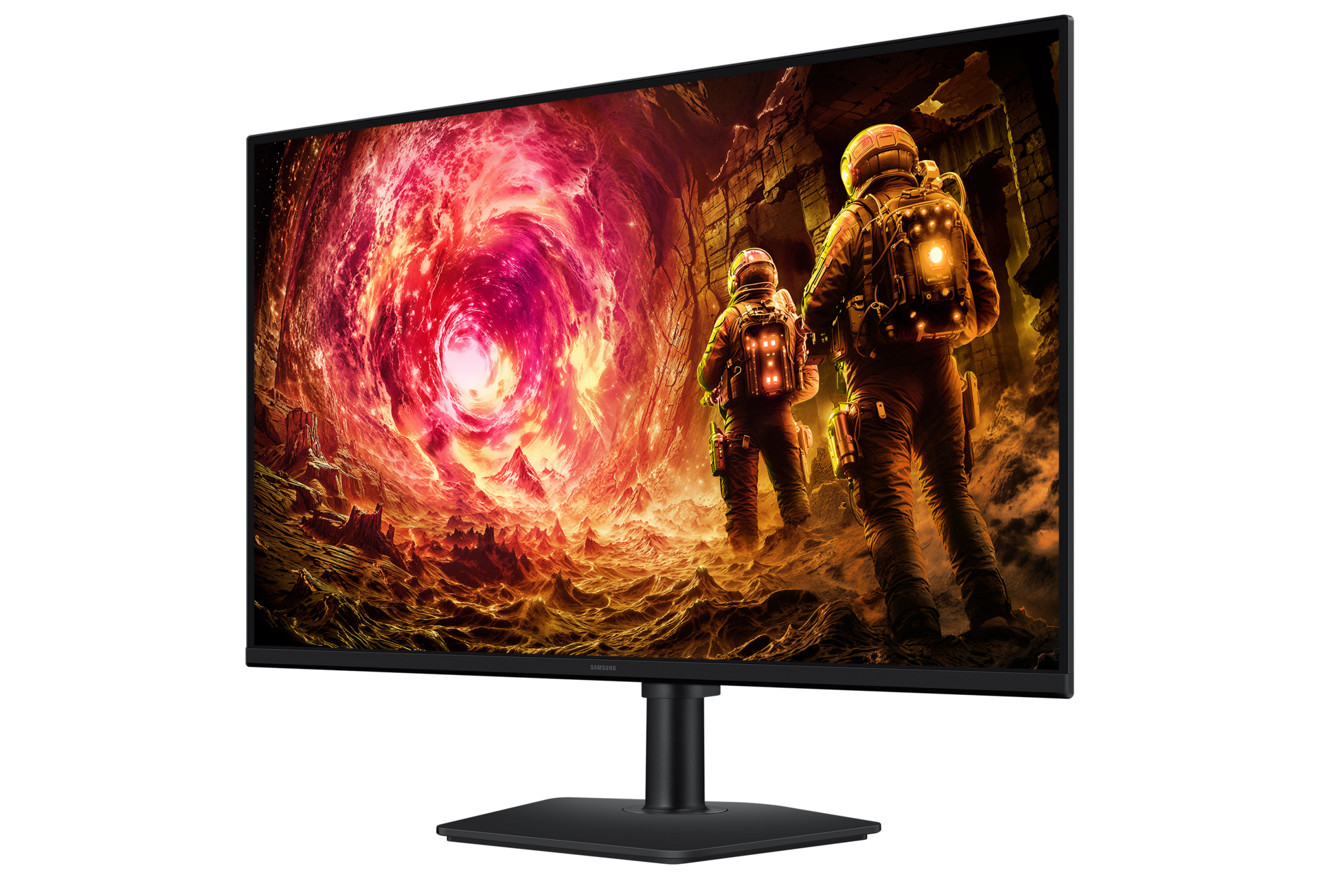 Zwei Astronauten erkunden auf einem Monitor eine feurige, außerirdische Landschaft. Im Hintergrund wirbelt ein helles Portal.