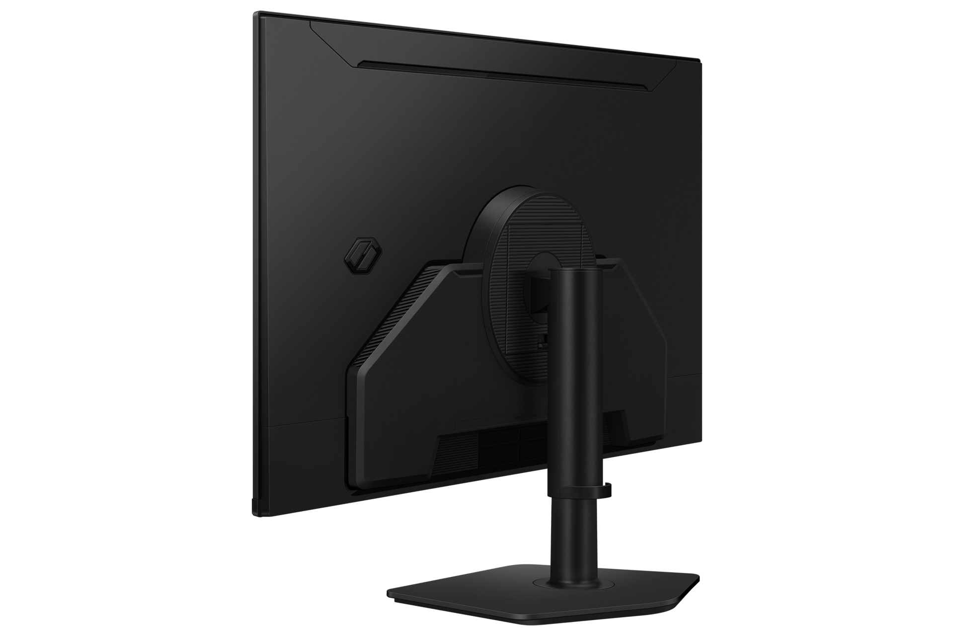 Rückseite eines schwarzen Computermonitors. Er hat einen Ständer und eine kreisförmige Komponente in der Mitte.