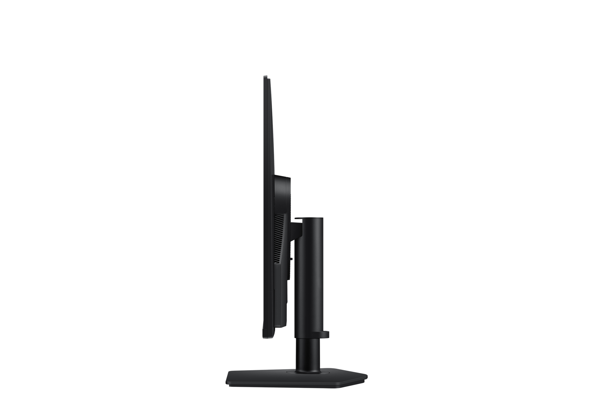 Seitenansicht eines schwarzen Computermonitors auf einem Ständer, vor schwarzem Hintergrund. Der Bildschirm ist dünn.