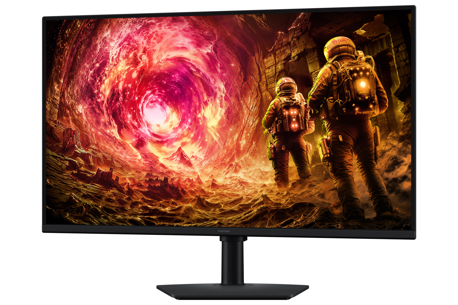 Zwei Astronauten stehen vor einem kosmischen Wirbel auf einem Monitor. Die Szene ist feuerrot und orange, mit felsigem Gelände.