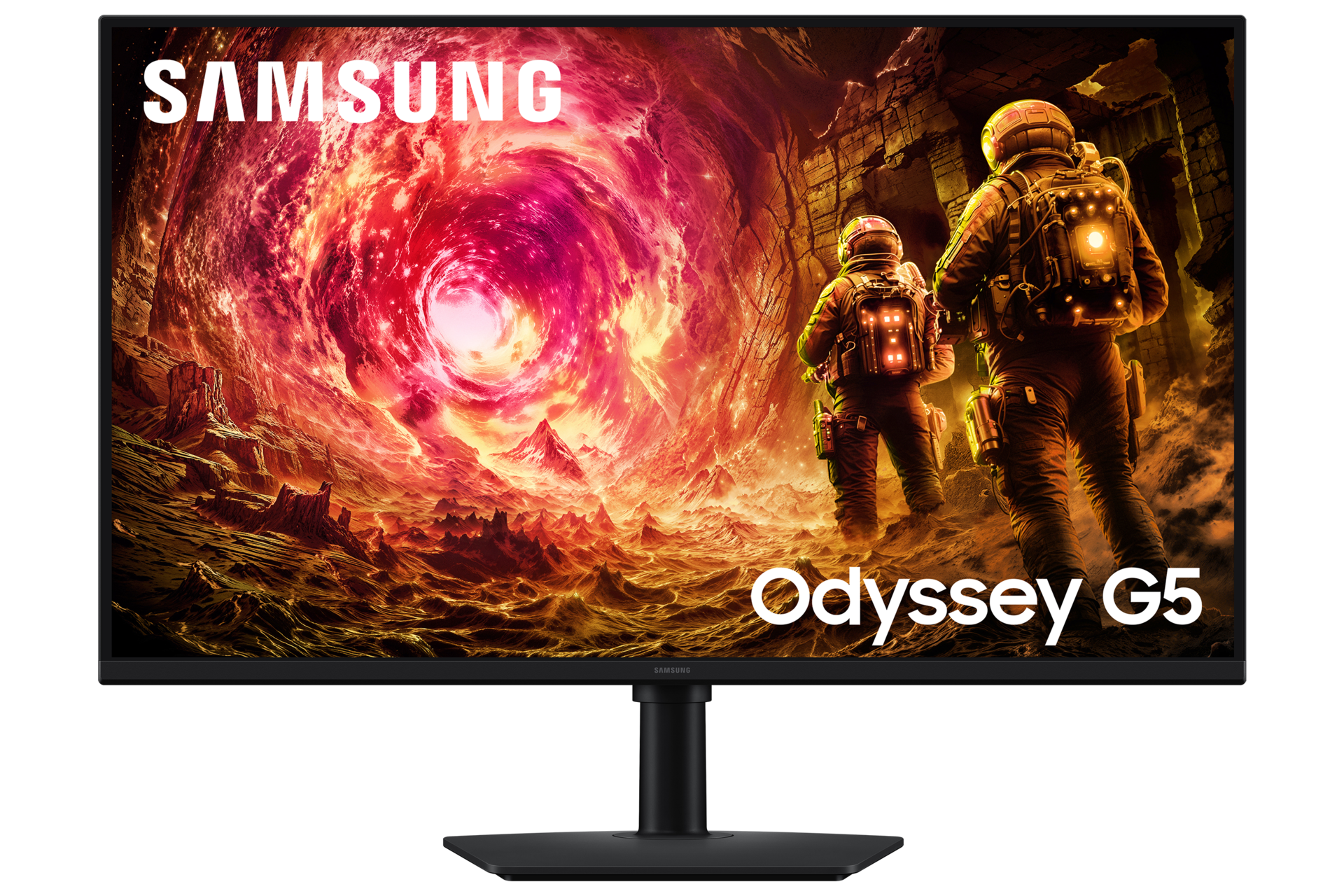 Samsung Odyssey G5-Monitor zeigt Astronauten, die ein feuriges Weltraumportal betrachten. Der Monitor ist schwarz mit weißem Branding.