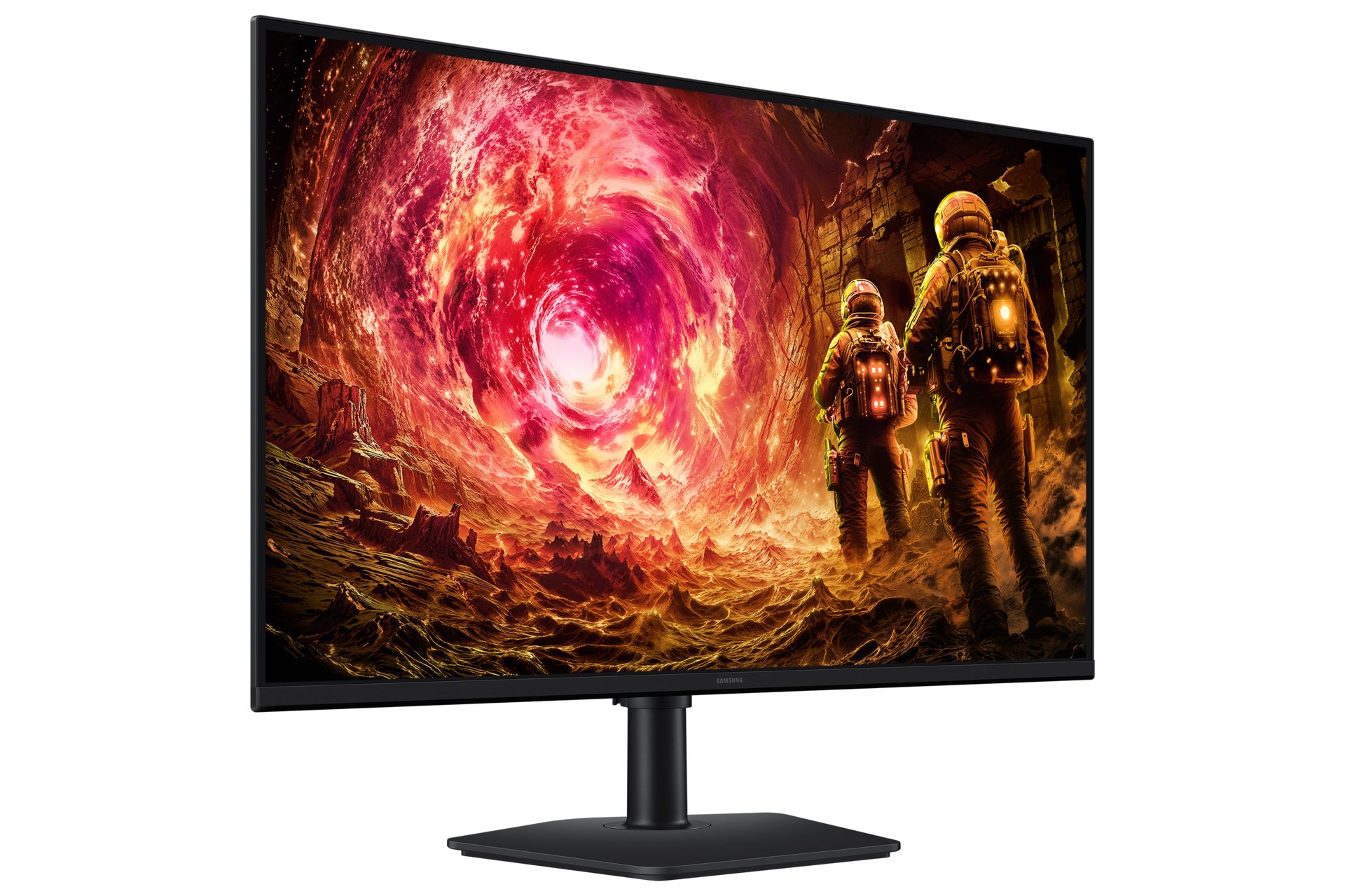 Zwei Astronauten stehen vor einem feurigen Wirbel auf einem Computermonitor. Die Szene ist dramatisch mit roten und orangenen Farbtönen.