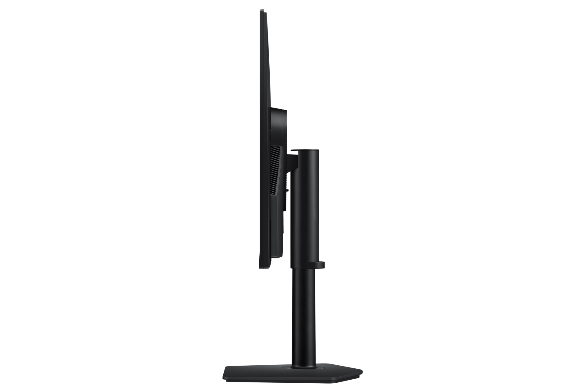 Seitenansicht eines schwarzen Computermonitors. Der Bildschirm ist dünn und auf einem schwarzen Ständer montiert. Schwarzer Hintergrund.