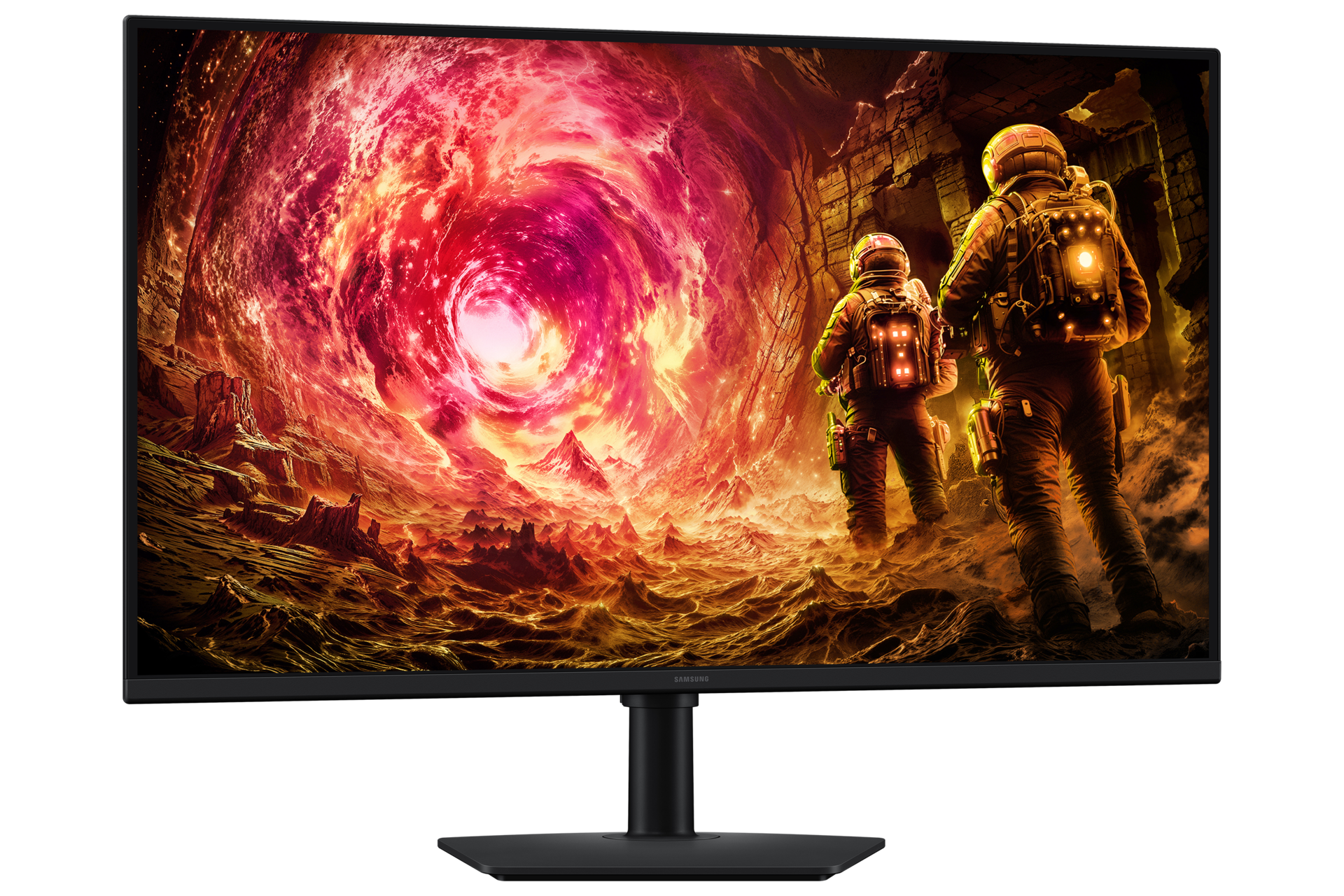Monitor zeigt Astronauten vor einem roten Wirbel. Felsige Landschaft und dunkler Hintergrund.