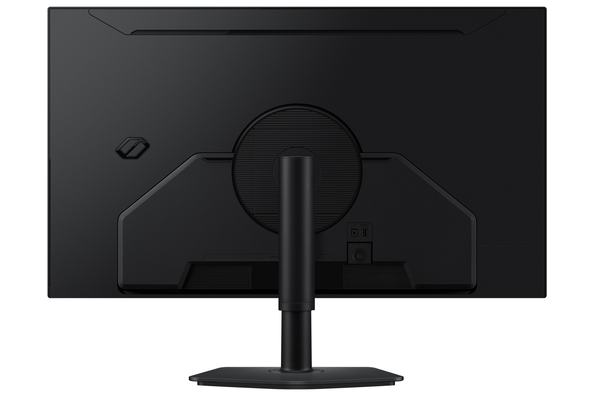 Die Rückseite eines schwarzen Computermonitors. Er hat einen Ständer, verschiedene Anschlüsse und ein eckiges Design mit schwarzem Hintergrund.