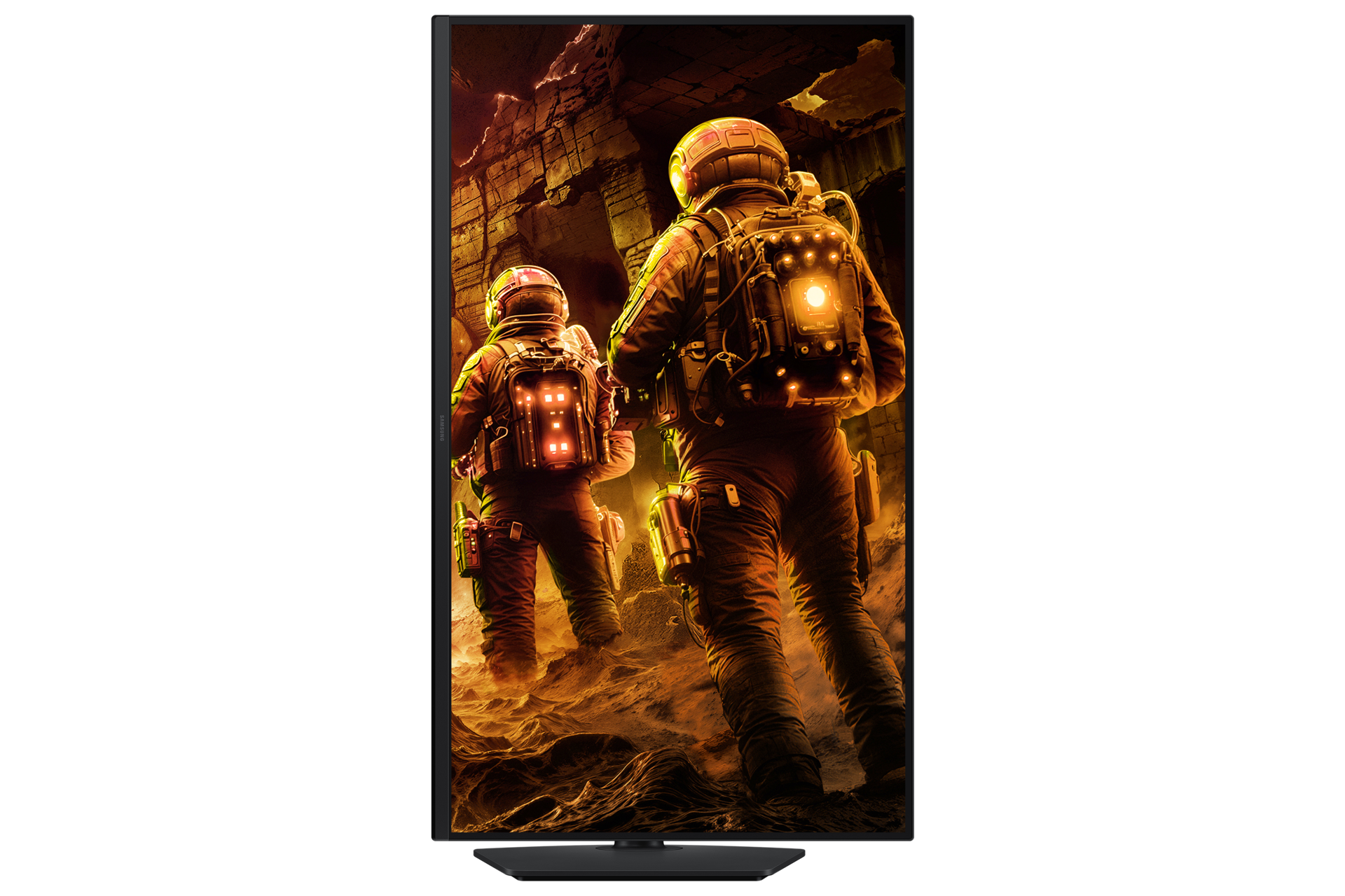 Zwei Astronauten in leuchtenden Anzügen erforschen eine felsige, schwach beleuchtete Höhle. Sie tragen Rucksäcke mit Lichtern.
