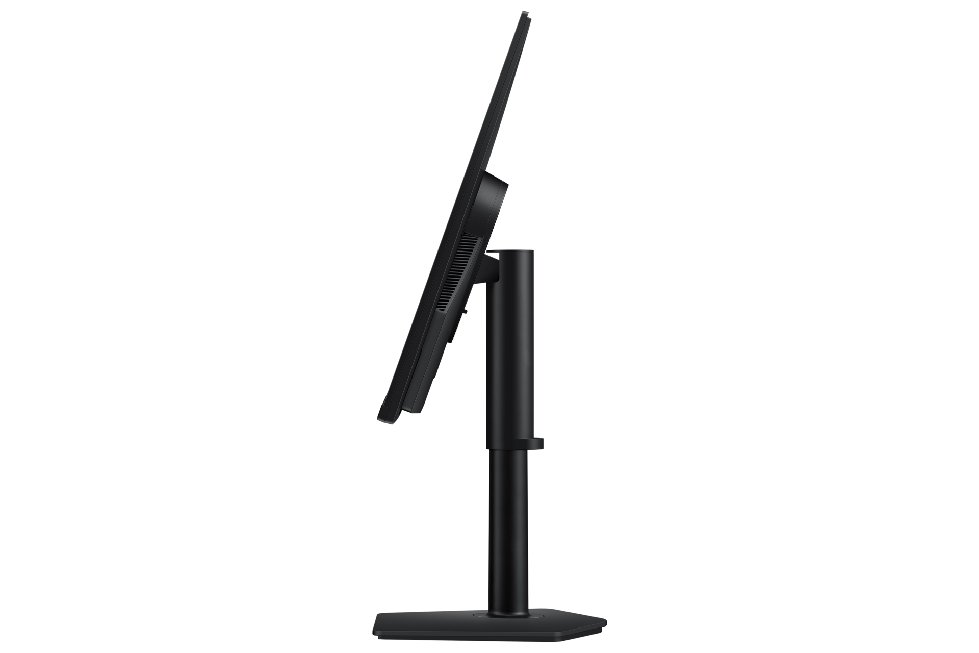 Seitenansicht eines schwarzen Computermonitors auf einem schwarzen Ständer. Der Bildschirm ist abgewinkelt. Der Hintergrund ist schwarz.