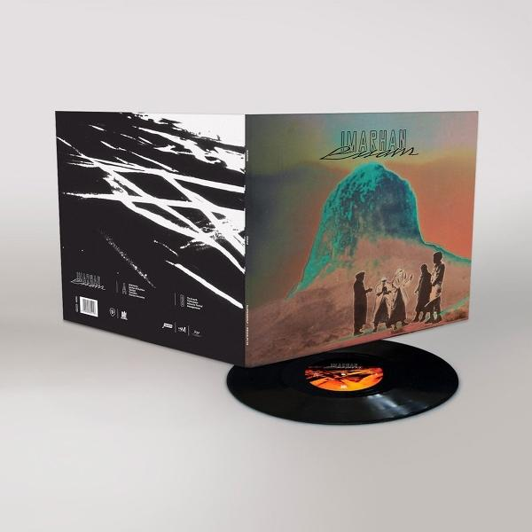 Albumcover und Schallplatte. Das Cover zeigt einen Berg mit Figuren. Die Platte ist schwarz mit orange-rotem Etikett.
