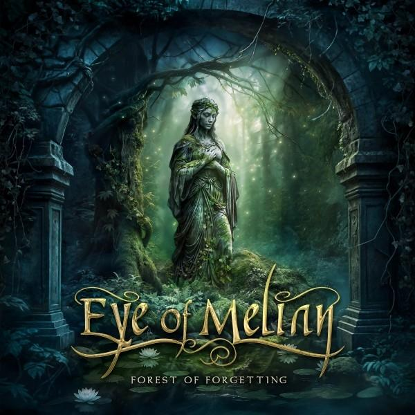 Statue einer Frau in einem Wald, Torbogen und Bäume. Titel: Eye of Meliny, Forest of Forgetting.