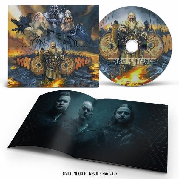 Albumcover: Wikinger. CD und Booklet mit Bandmitgliedern. Artwork zeigt Krieger, Schilde und Feuer.