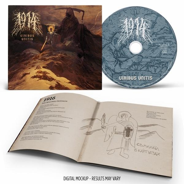 Albumcover und CD. Sensenmann und Engelskizze. Albumtitel: 1914, Uiribus unitis, Buch mit Texten und Engel-Illustration.