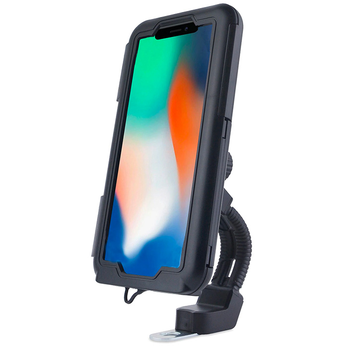 Siyah bir telefon, koruyucu bir kılıf içinde esnek bir kola monte edilmiştir. Telefon, renkli soyut bir görüntü gösteriyor.