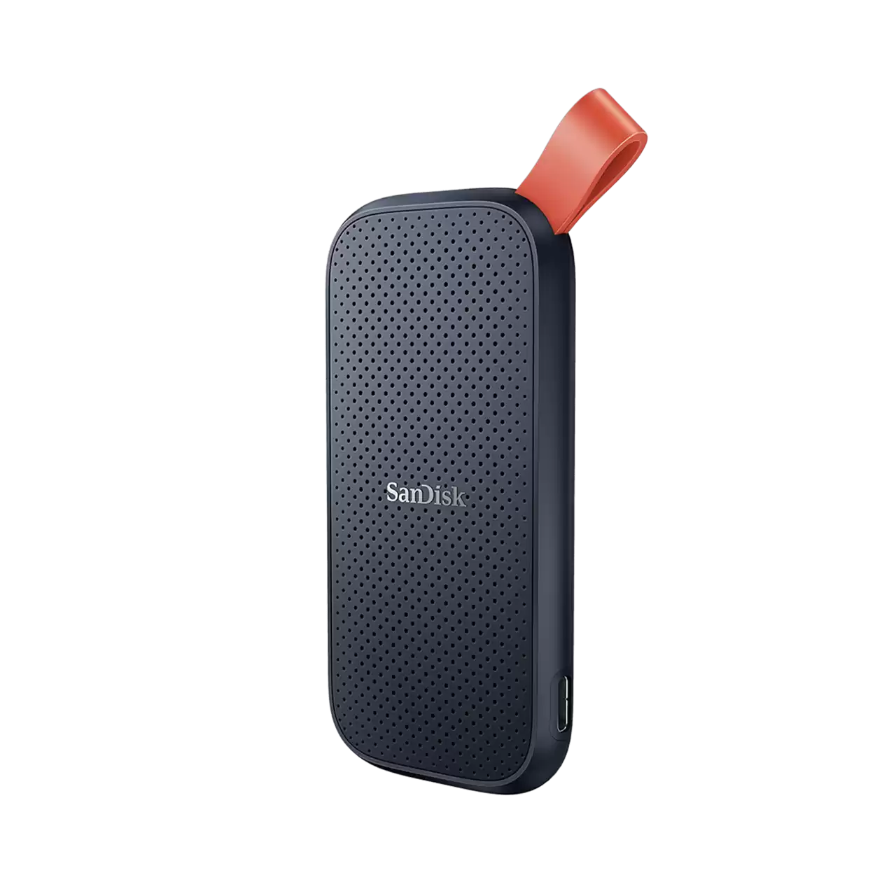 Üstünde turuncu bir halka bulunan, koyu mavi bir Sandisk taşınabilir sabit diski. Siyah arkaplan.