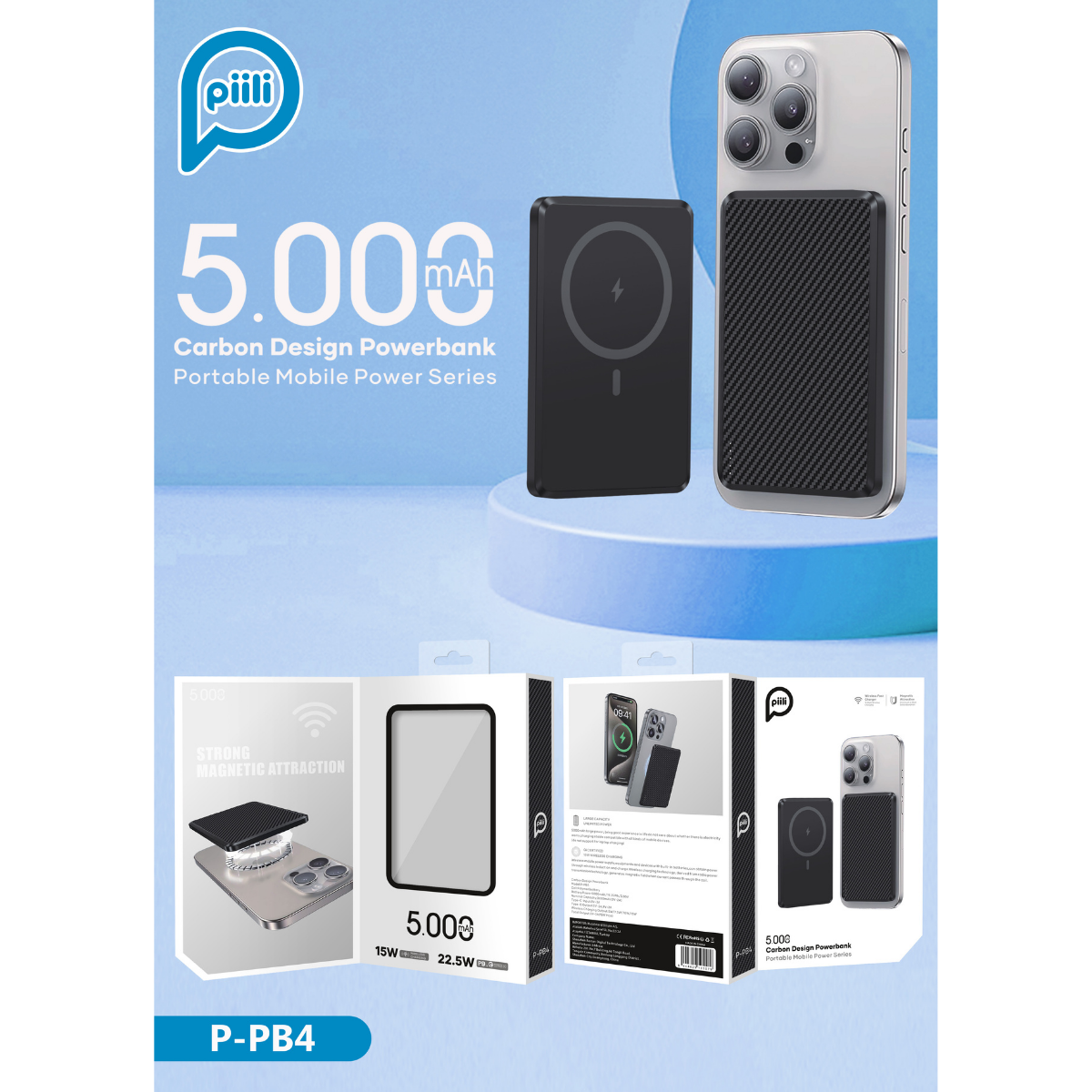 Görüntü, bir telefona takılı siyah bir powerbank'i gösteriyor. Ürünün üzerindeki metin 5.000 mAh, Carbon Design Powerbank ve Portable Mobile Power Series diyor.