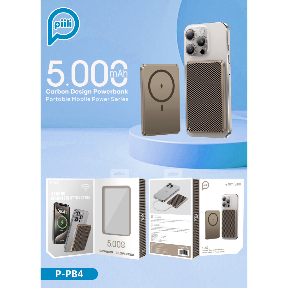 Görüntüde bir powerbank ve bir telefon var. Powerbank altın rengi, telefon gümüş rengi. Metinde 'Carbon Design Powerbank' yazıyor.