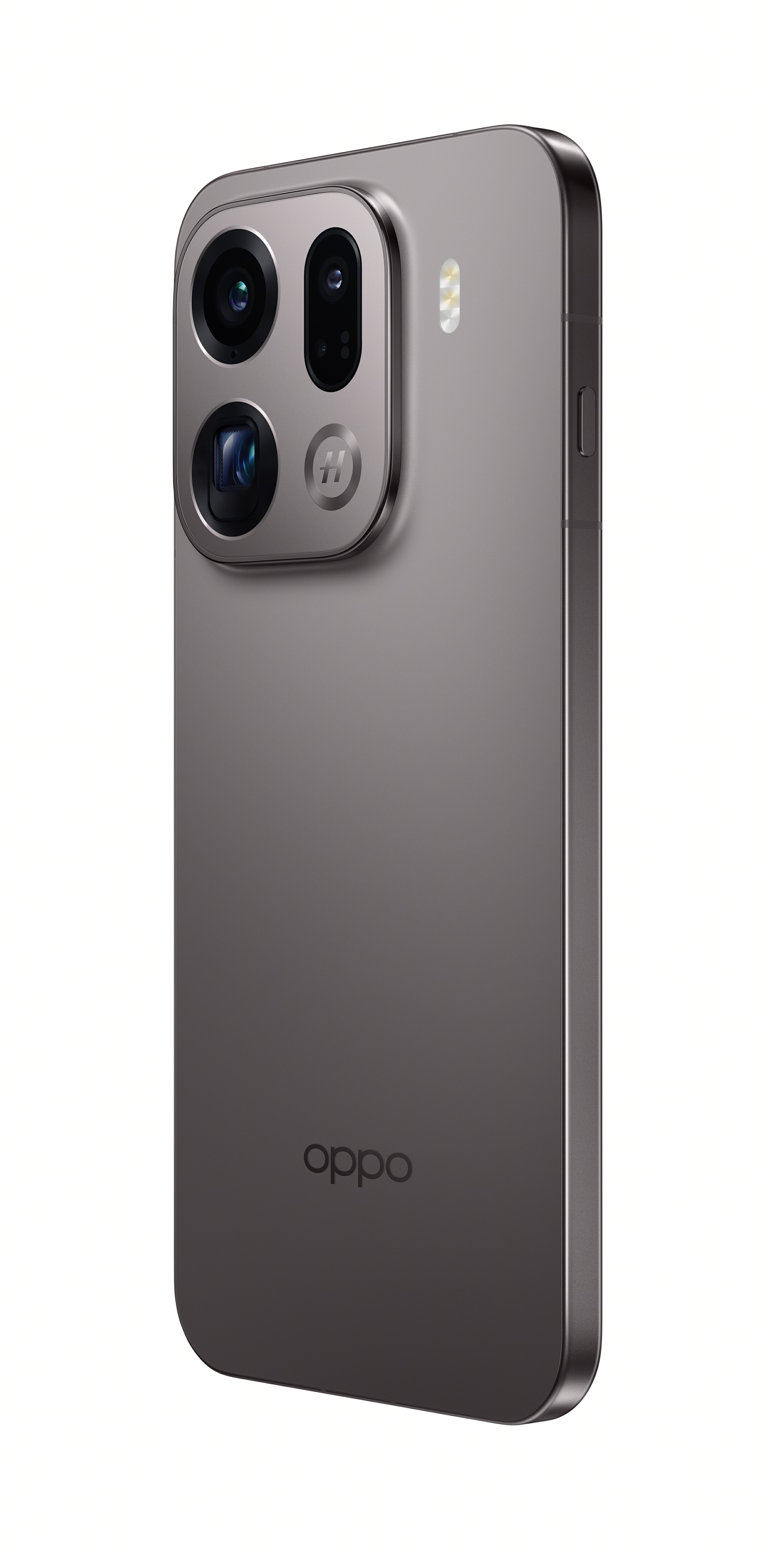 Sağa doğru açılı gri bir Oppo akıllı telefon. Birden fazla kamerası, flaşı ve Oppo logosu var.