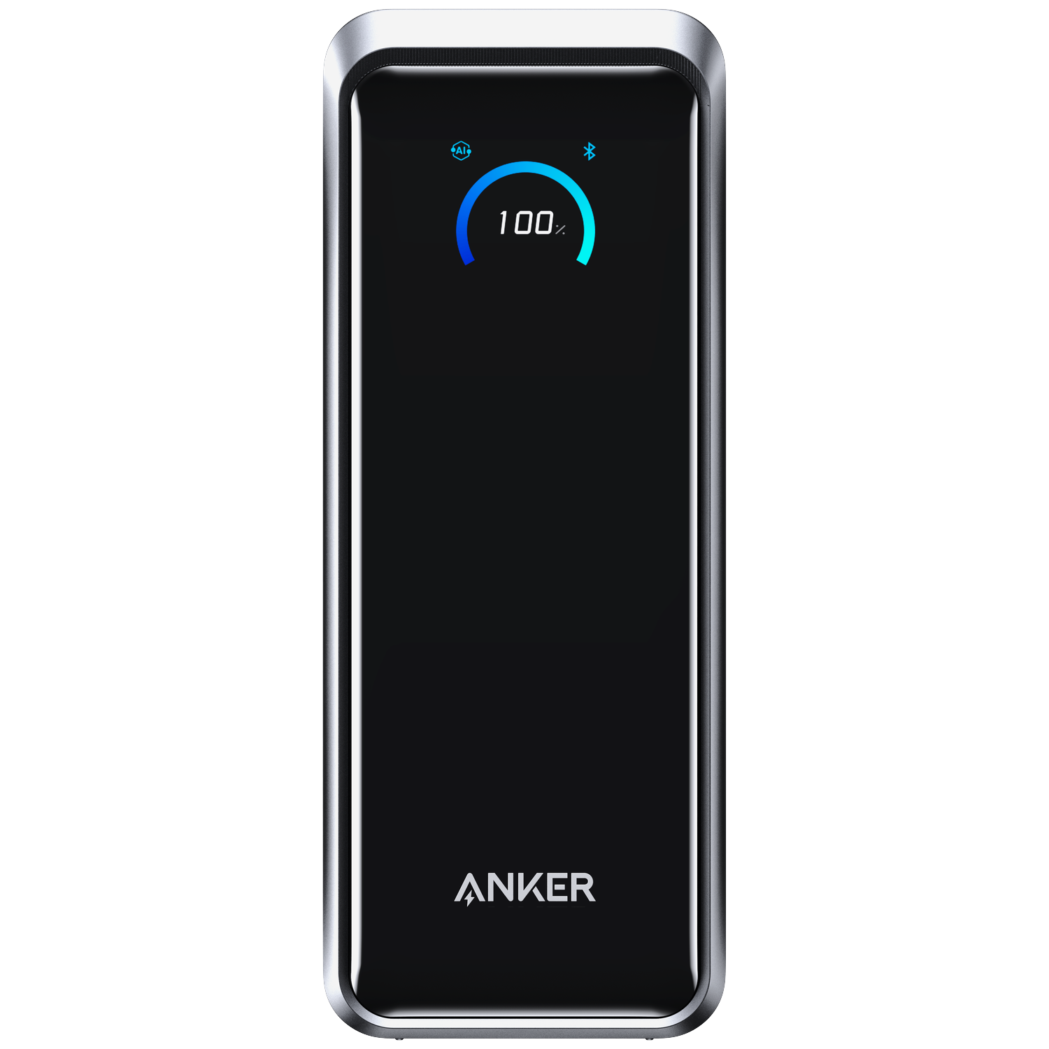 Black Anker power bank with a silver frame. Shows 100% charge on the screen. Bluetooth and AI indicators are present.