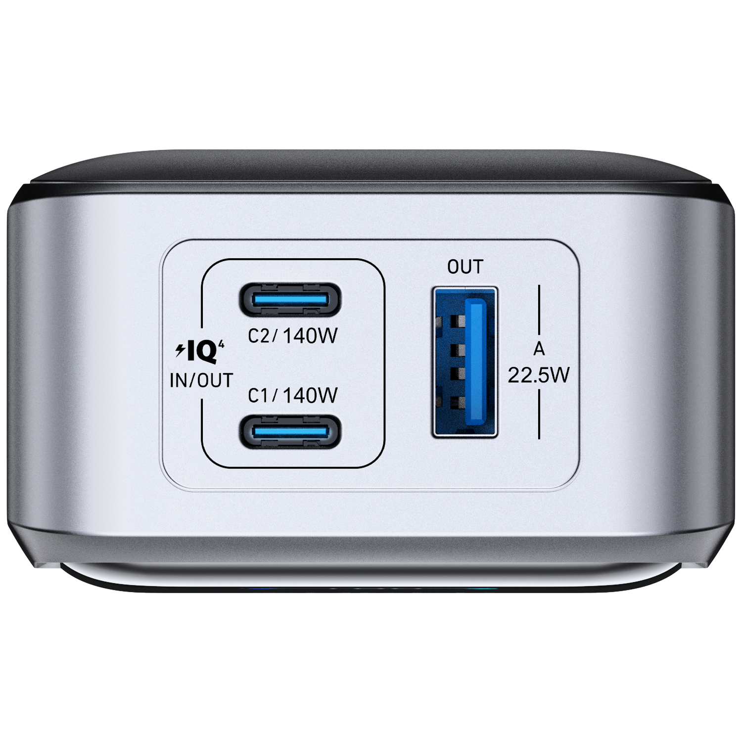 Silver and black power bank with multiple ports labeled C1, C2, and USB-A. Displays power output details.
