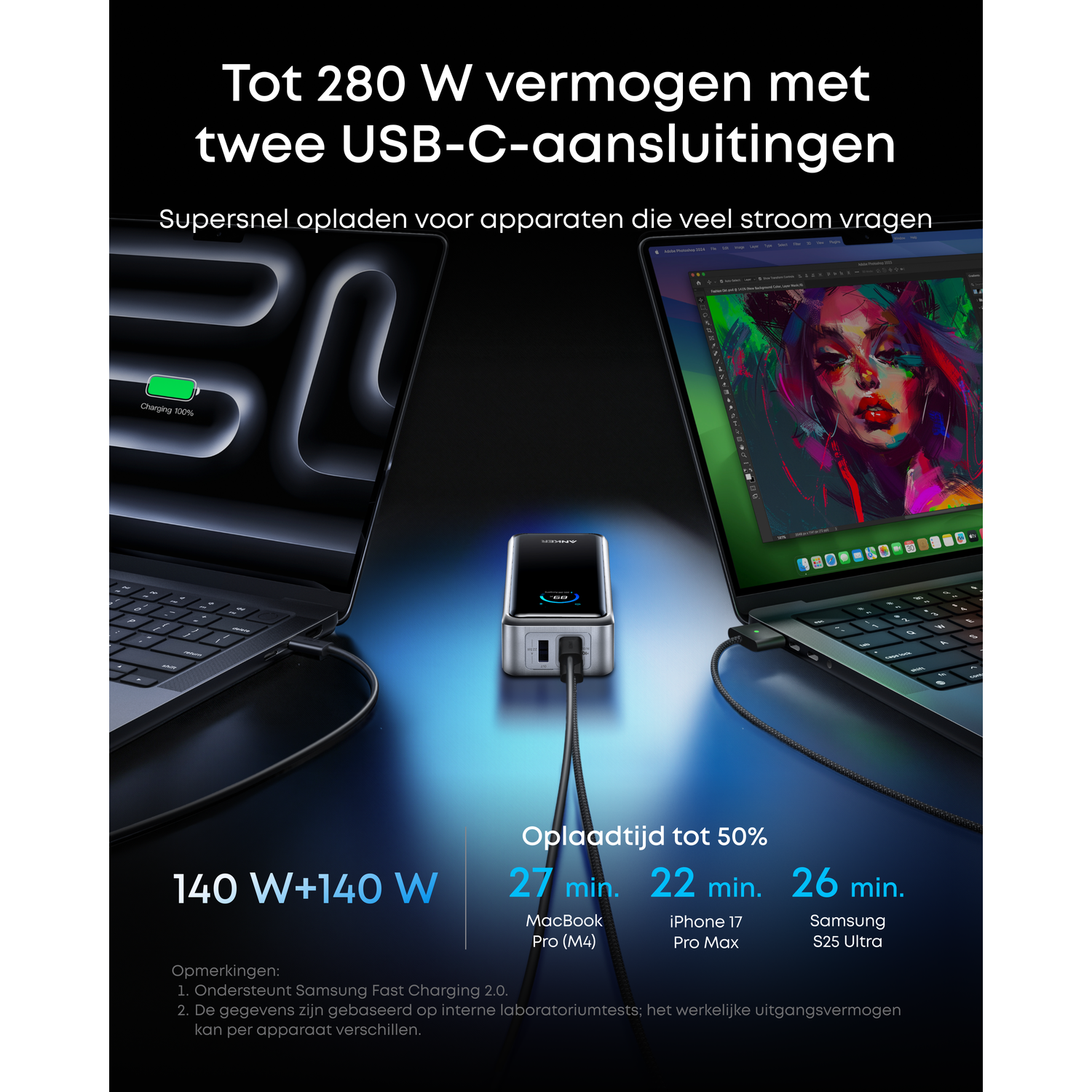 Two laptops charging. A charging station with two USB-C ports is connected to both laptops.
