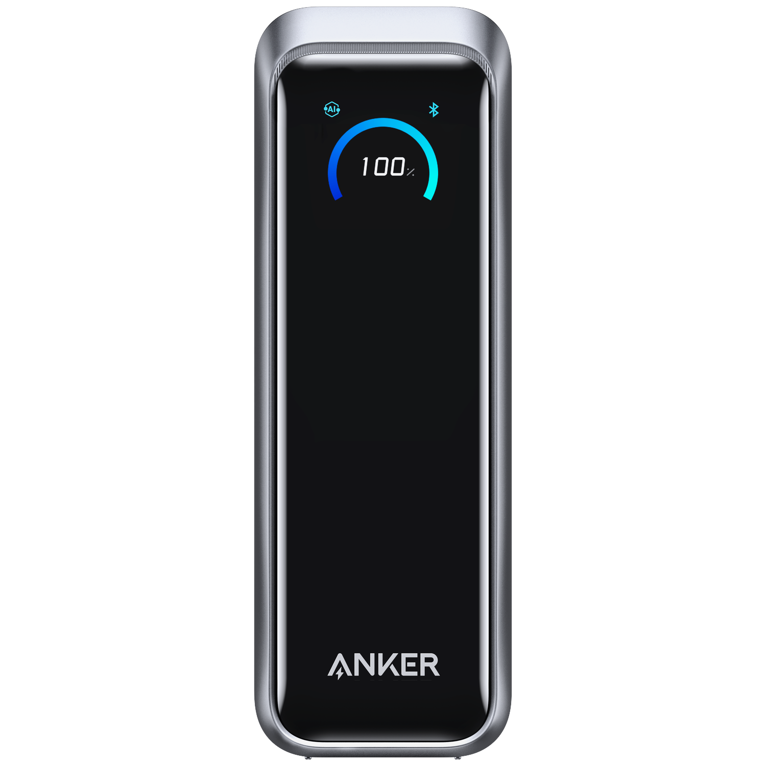 A black rectangular device with a silver frame. A blue display shows 100%. The brand 'ANKER' is at the bottom.