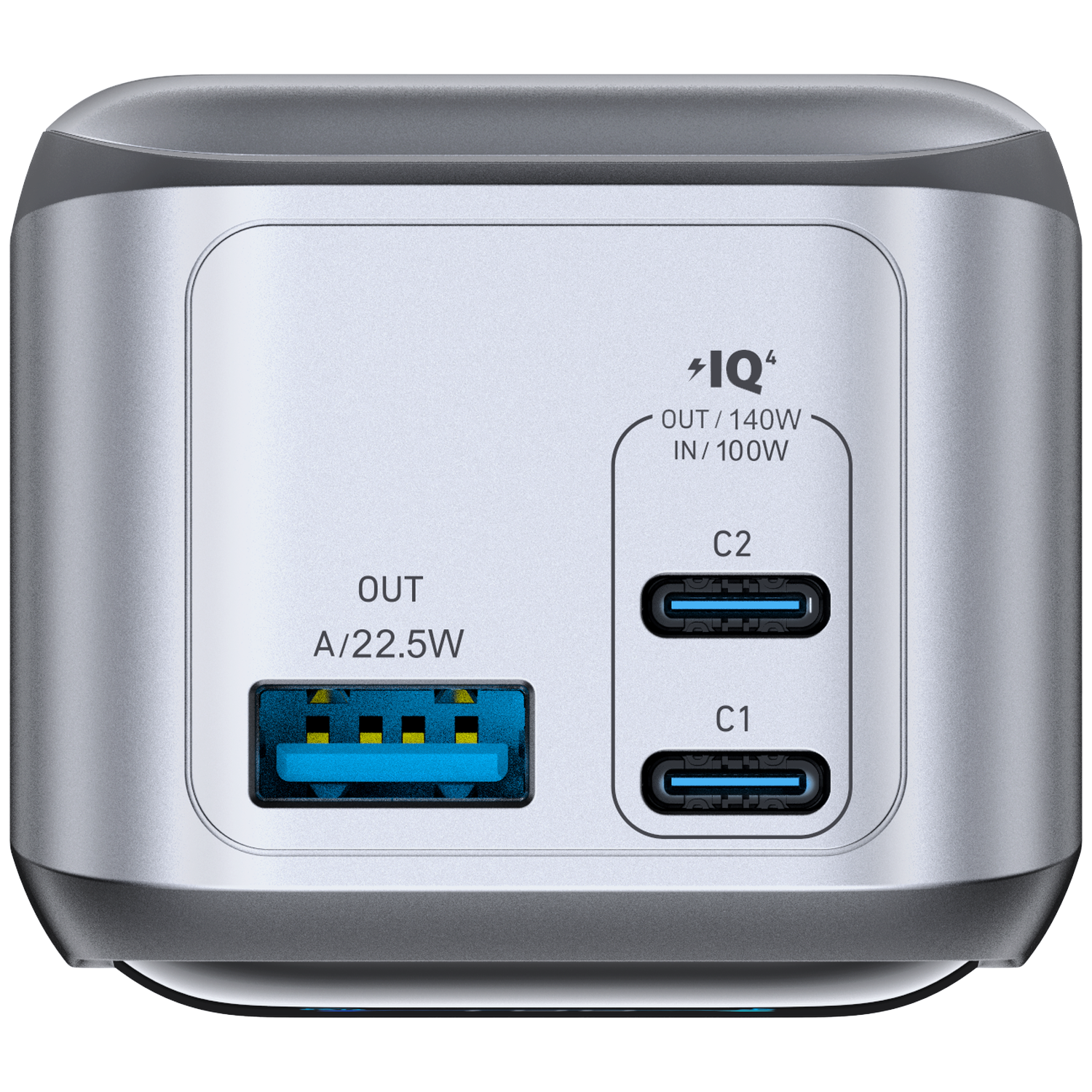 Silver power adapter with USB and USB-C ports. Text reads: Out/140W In/100W, A/22.5W. Ports are labeled C1, C2, and Out.