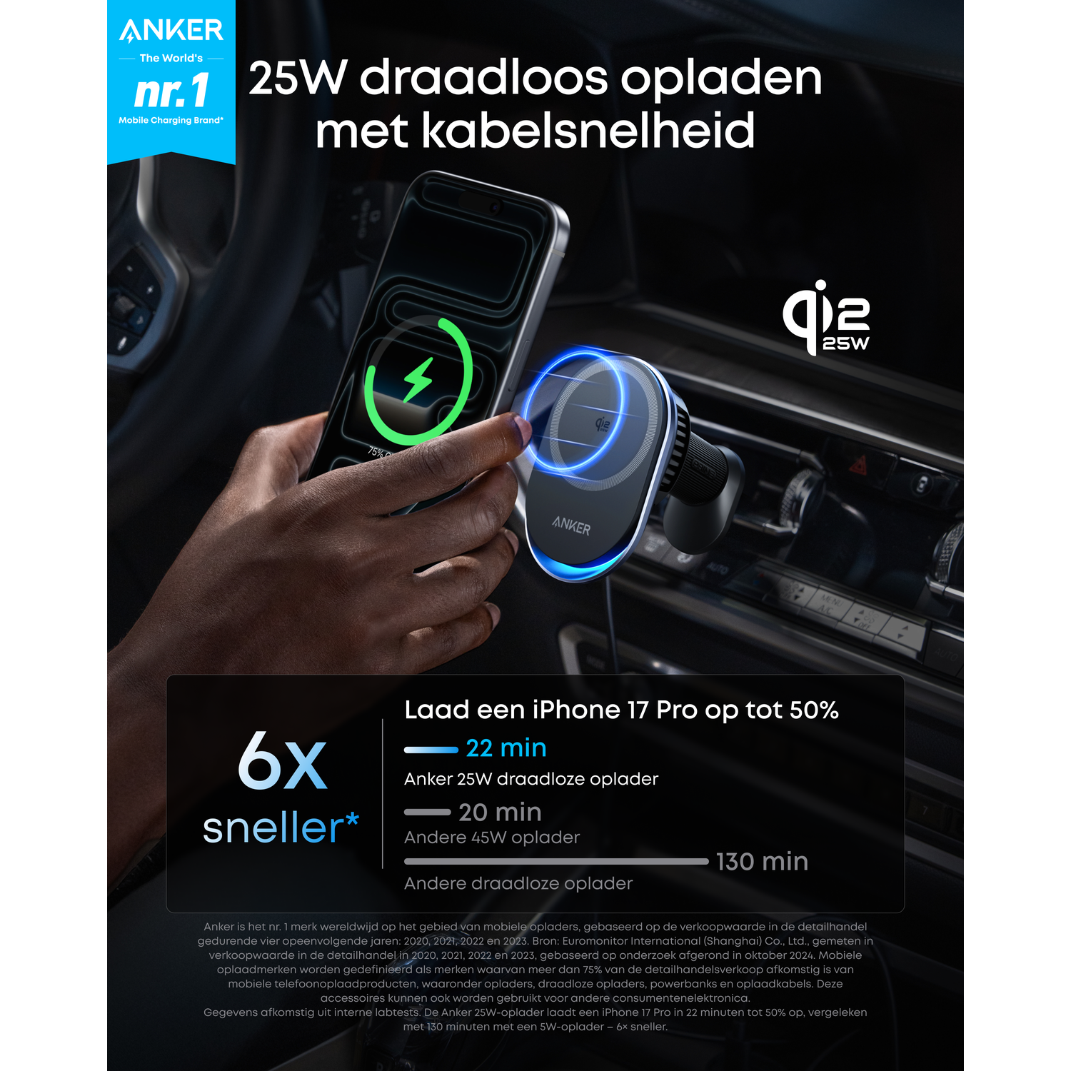 A phone charging wirelessly in a car, held by a hand. The phone shows a charging symbol. Text on the image advertises fast charging.