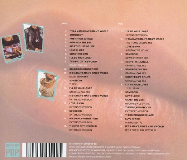 CD-Cover. Auflistung der Songtitel. Bilder von Personen. Rosa, Beige und Blau. Text in Schwarz.