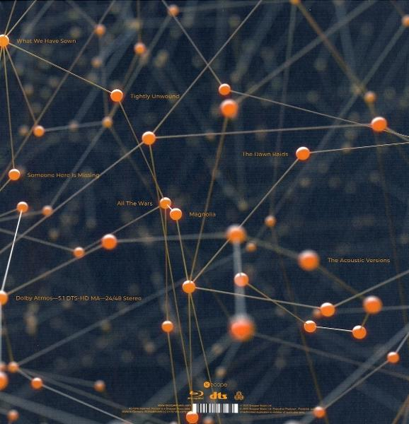 Abstrakte Grafik mit vernetzten orangefarbenen Kugeln und Linien. Text enthält Songtitel und technische Audiospezifikationen.