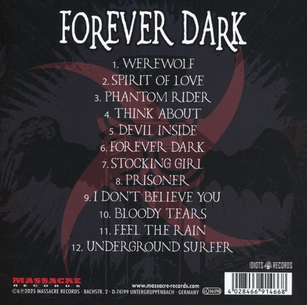 Albumcover für Forever Dark. Text enthält Albumtitel, Songtitel, Plattenlabelinformationen und ein dunkles, gotisches Design.