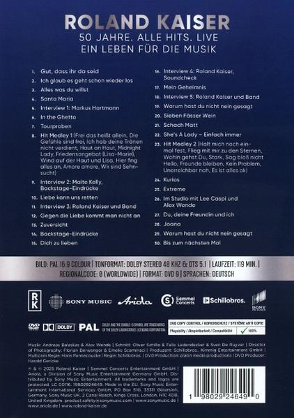 DVD-Cover. Text: Roland Kaiser, 50 Jahre, Alle Hits, Live. Songliste und Credits sind aufgeführt.